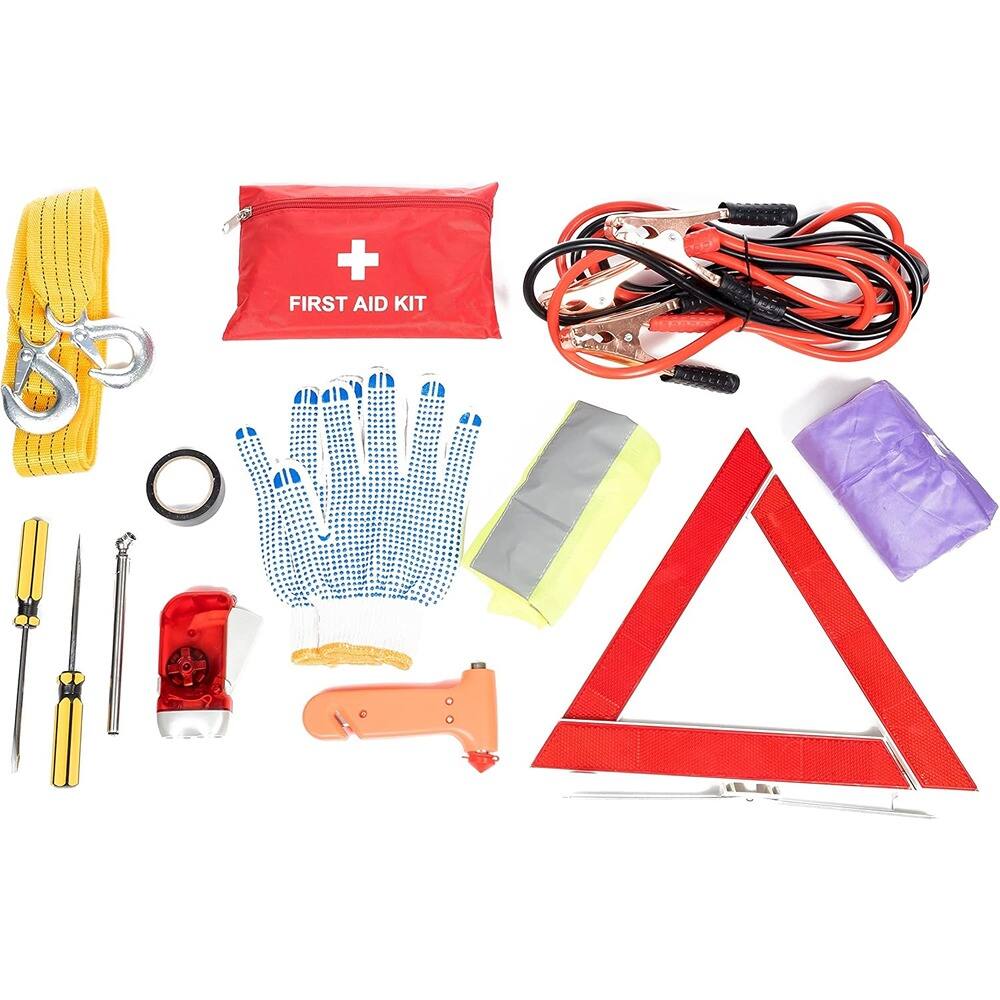- FIRST AID KIT
- Yellow rope with metal carabiner
- Red and black jumper cables
- Blue gloves
- Yellow and gray reflective vest
- Purple bag
- Red triangular warning sign
- Orange tool (possibly a saw or knife)
- Red flashlight
- Metal tools (possibly pliers and screwdrivers)
- Metal ring