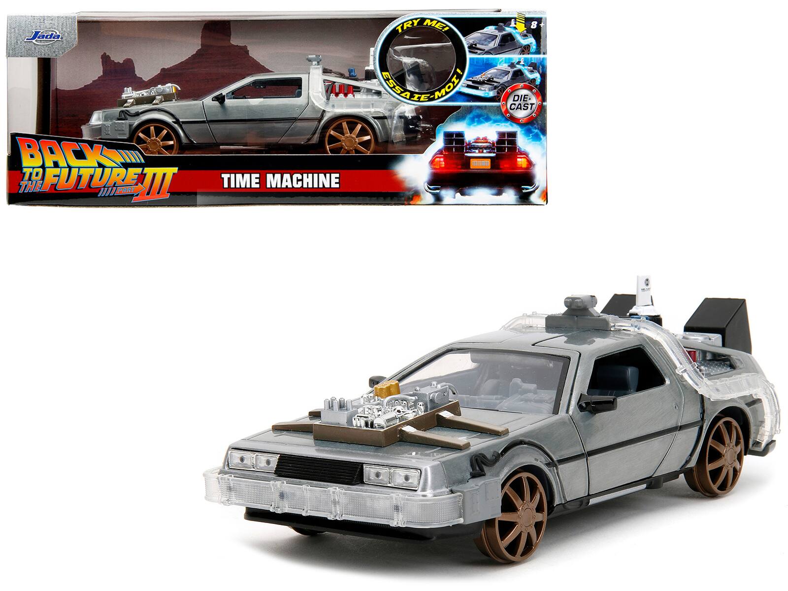 Jada - DeLorean Brushed Metal Time Machine Train Wheel Version with Lights Back to the Future Part III Movie 1/24 Rides - Gray