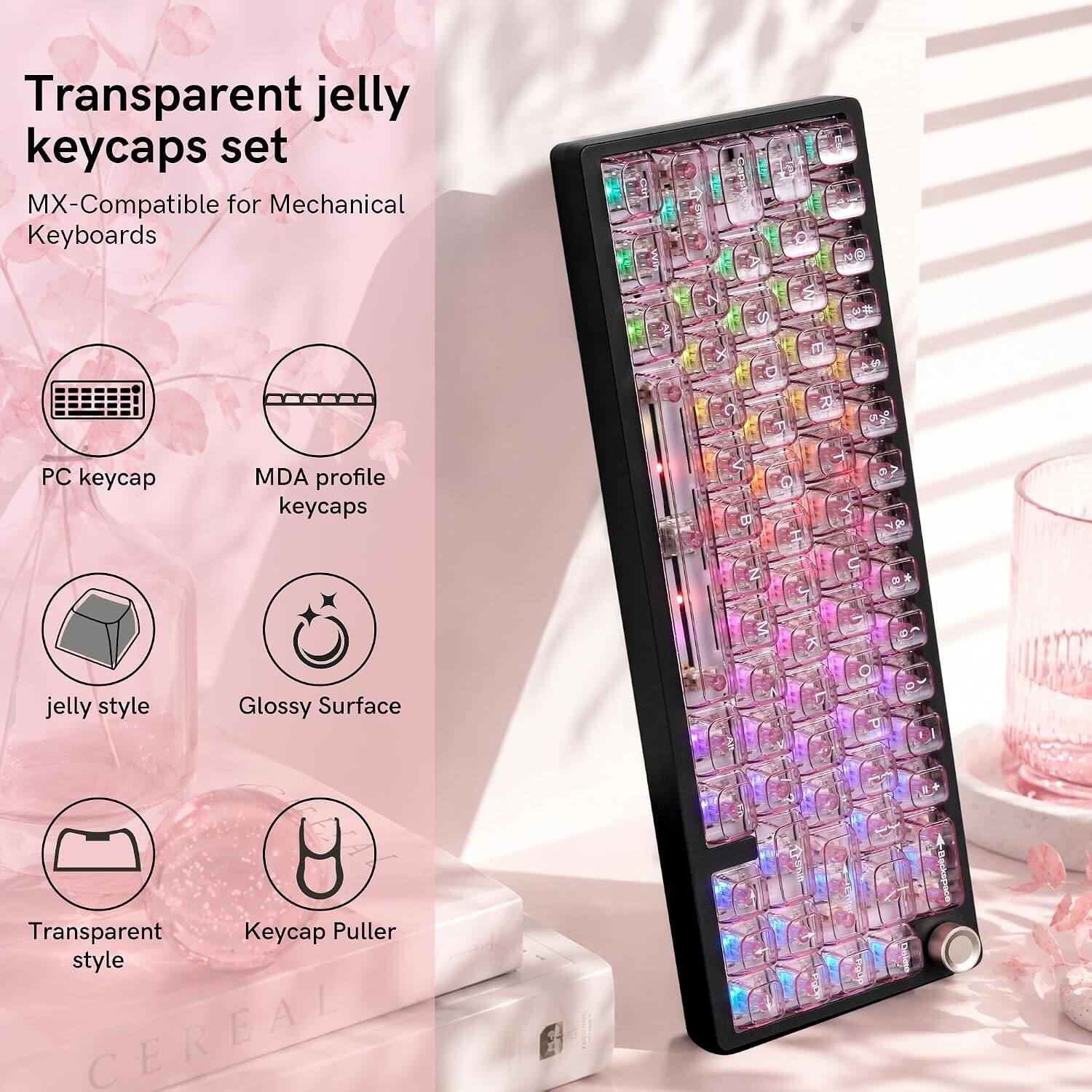 Transparent jelly keycaps set MX-Compatible for Mechanical Keyboards

- PC keycap
- MDA profile keycaps
- jelly style
- Glossy Surface
- Transparent style
- Keycap Puller
