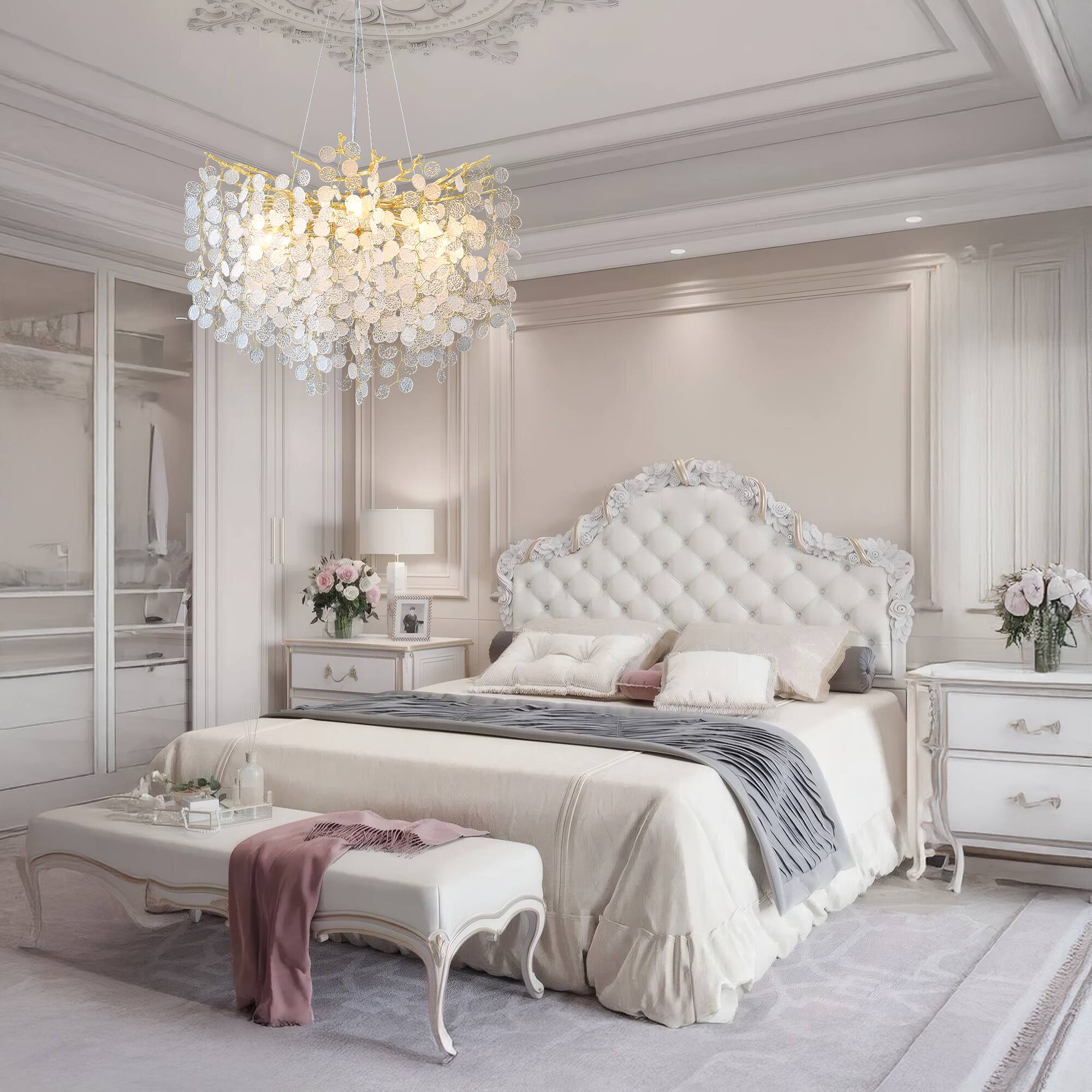 Left. RYHNUYNE - Modern Gold Tree Branch Chandelier with Snowflake Accents 8-Light Adjustable Pendant Light for Dining Room and Entryway.