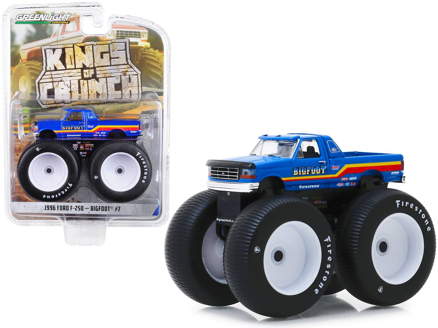 "1996 Ford F-250 Monster Truck ""Bigfoot #7"" Metallic Blue w/ Stripes 1/64 Diecast Model Car by Greenlight" price history on PriceWatchPro
