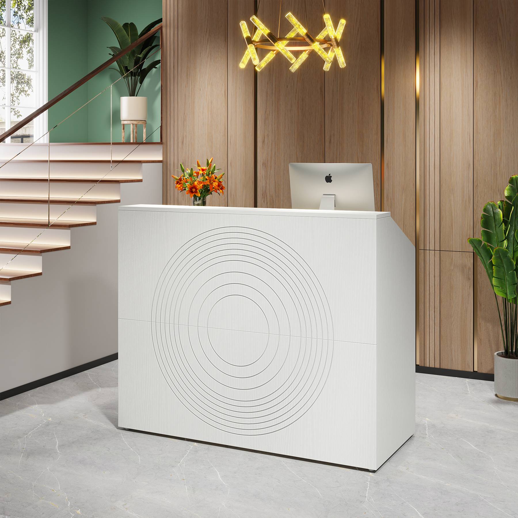 Back. Tribesigns - Office Reception Desk with Engineered Wood Construction, for Front Desk Work in Reception Areas and Shared Workspaces - White.