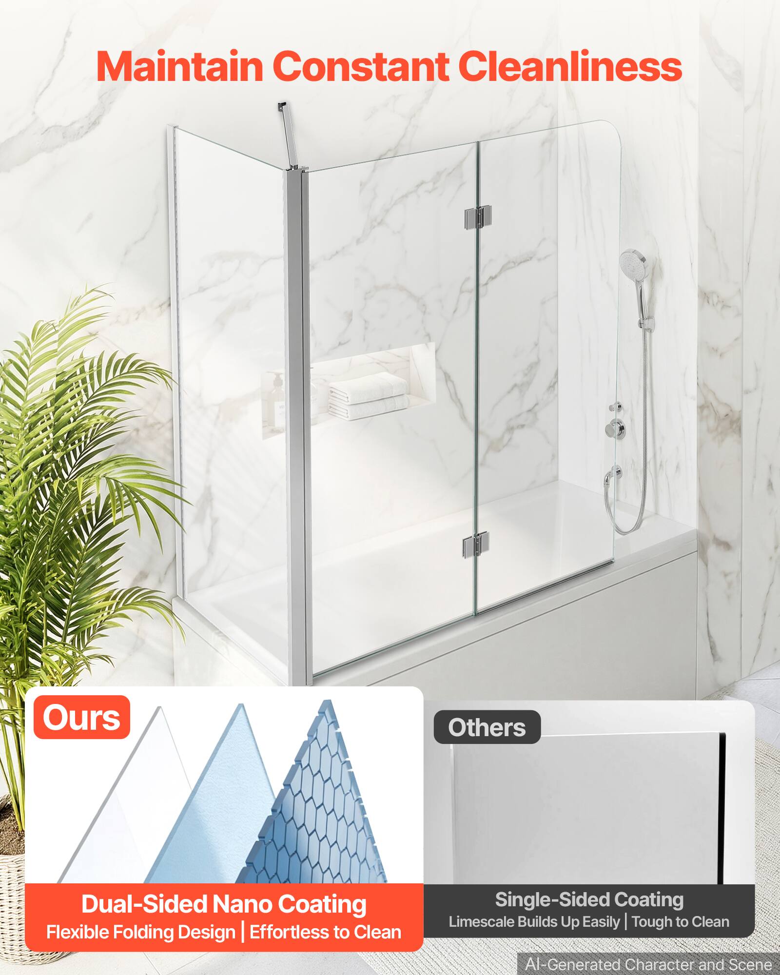 Maintain Constant Cleanliness

Ours
Dual-Sided Nano Coating
Flexible Folding Design | Effortless to Clean

Others
Single-Sided Coating
Limescale Builds Up Easily | Tough to Clean

AI-Generated Character and Scene