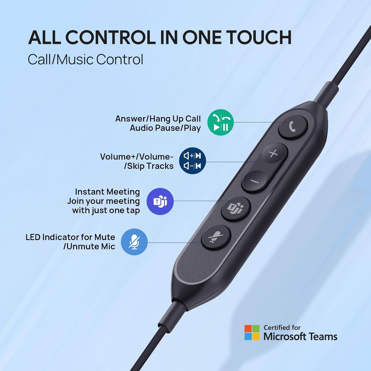 ALL CONTROL IN ONE TOUCH

Call/Music Control

- Answer/Hang Up Call
- Audio Pause/Play
- Volume+/Volume- /Skip Tracks
- Instant Meeting
  - Join your meeting with just one tap
- LED Indicator for Mute /Unmute Mic

Certified for Microsoft Teams