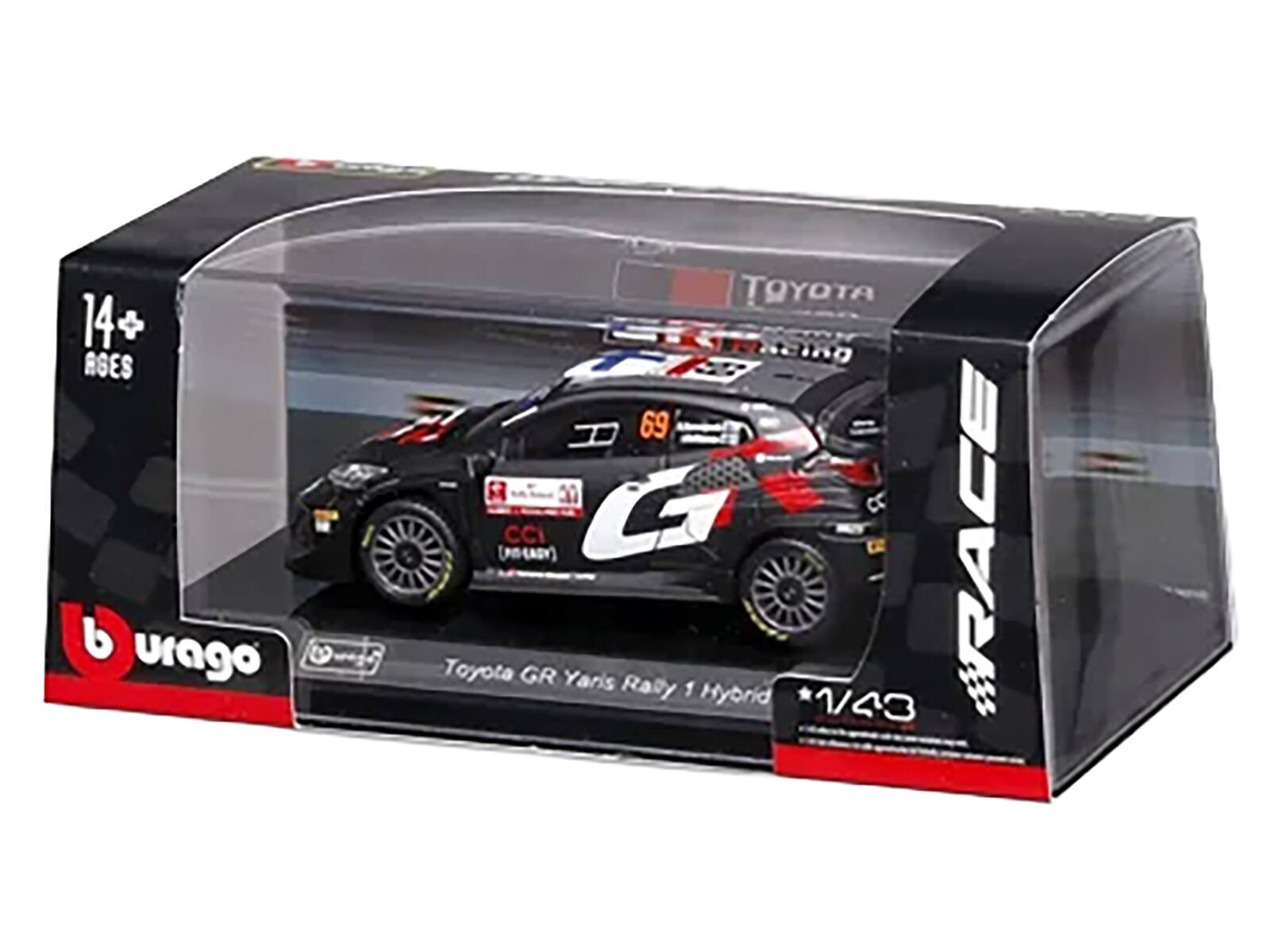 14+ AGES  
RGES  
burago  
w5  
TRYOTA  
UO  
A  
69 (AIEADY)  
CCi  
G  
RACE  
Toyota GR Yaris Rally 1 Hybrid  
1/43