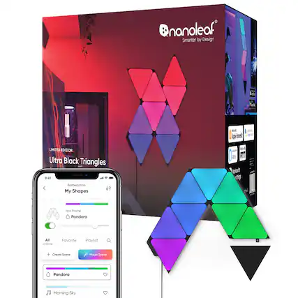 nanoleaf Smarter by Design - Limited Edition Ultra Black Triangles - My Shapes - Pandora - All Favorite Playlist + Create Scene - Morning Sky.