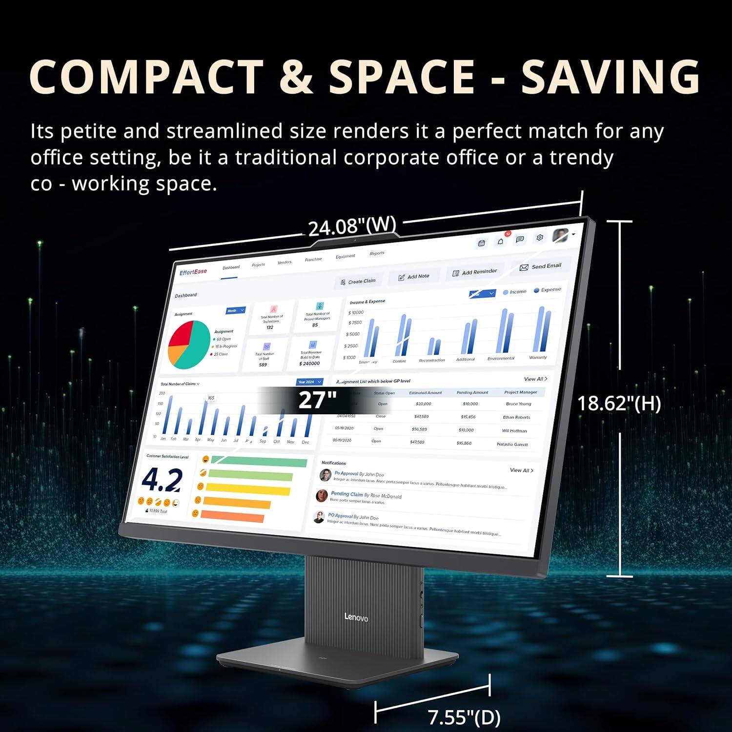 COMPACT & SPACE-SAVING

Its petite and streamlined size renders it a perfect match for any office setting, be it a traditional corporate office or a trendy co-working space.

24.08" (W)  
27"  
18.62" (H)  
7.55" (D)