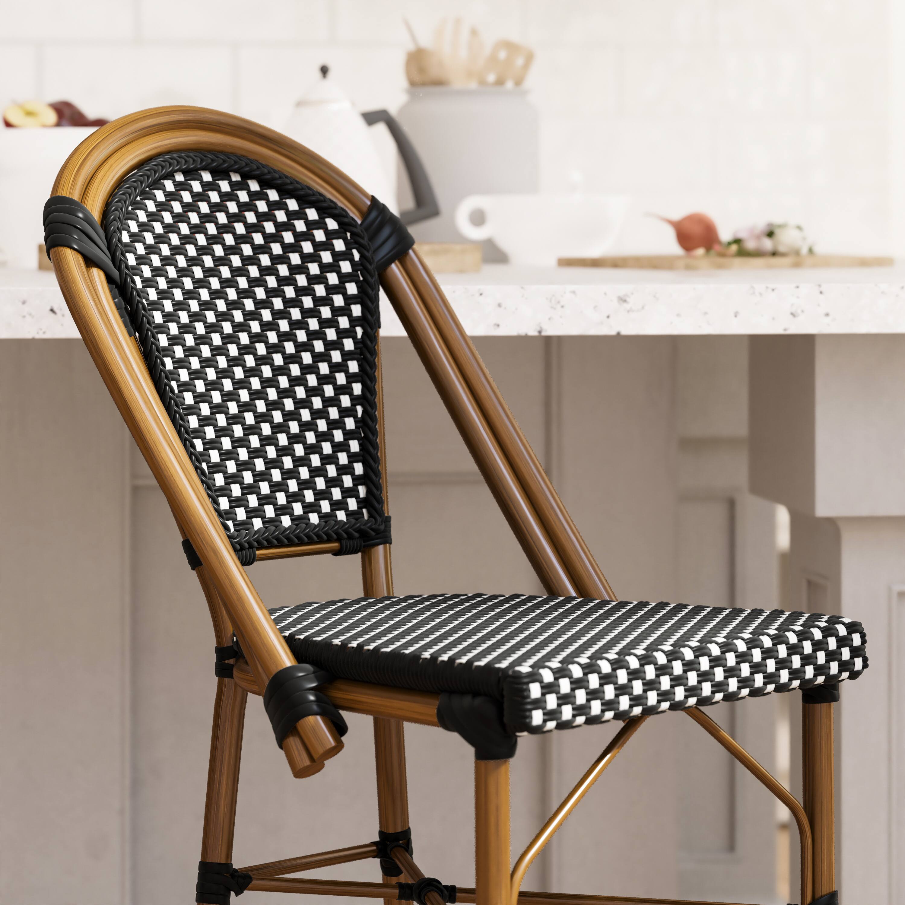 Alt View 4. Emma + Oliver - Soie Set of Two 30" High Stacking Bistro Bar Stools with PE Seat and Back and Metal Frames for Indoor/Outdoor Use - Black & White/Natural Frame.