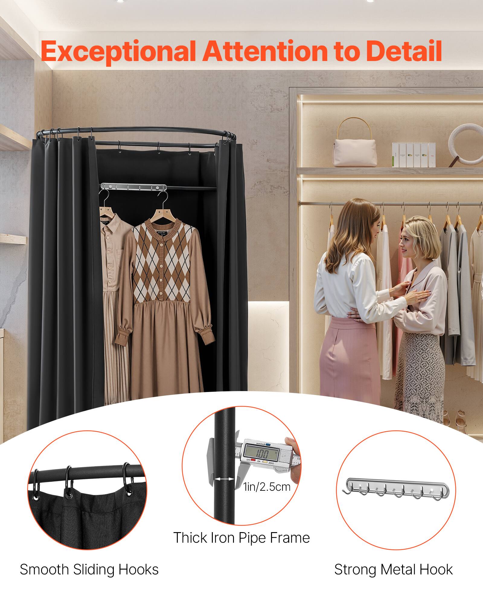 Exceptional Attention to Detail

- 1in/2.5cm Thick Iron Pipe Frame
- Smooth Sliding Hooks
- Strong Metal Hook