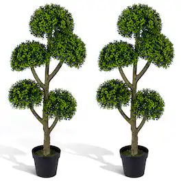 Costway - 2 PCS 46-Inch Artificial Boxwood Topiary Tree with 5 Ball-Shaped Topiaries for Porch - Green
