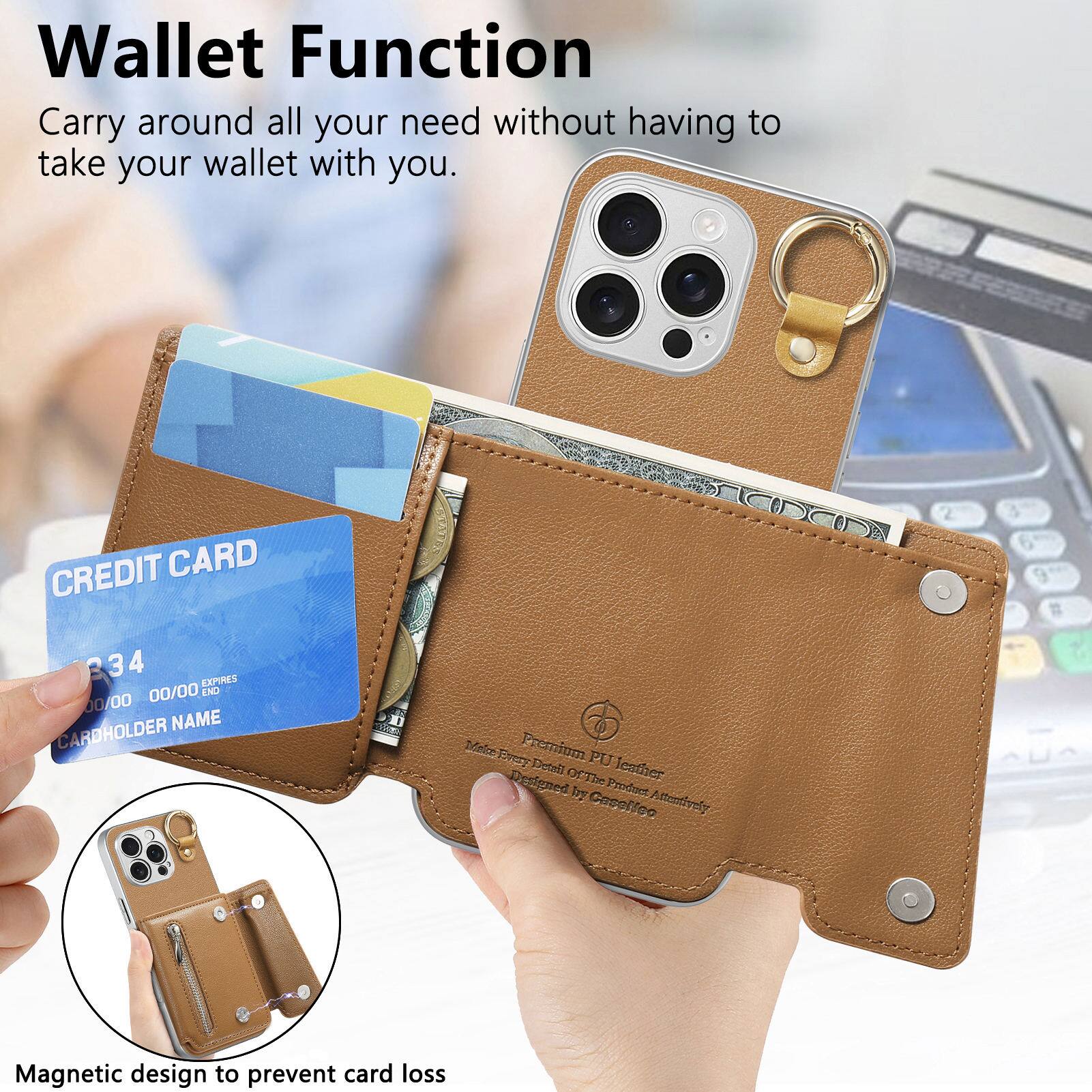 Wallet Function  
Carry around all your need without having to take your wallet with you.

CREDIT CARD  
34  
EXPIRES 00/00  
ENO 00/00  
CARDHOLDER NAME

Premium PU leather  
Designed by CaseMeo  
stentlevely

Magnetic design to prevent card loss