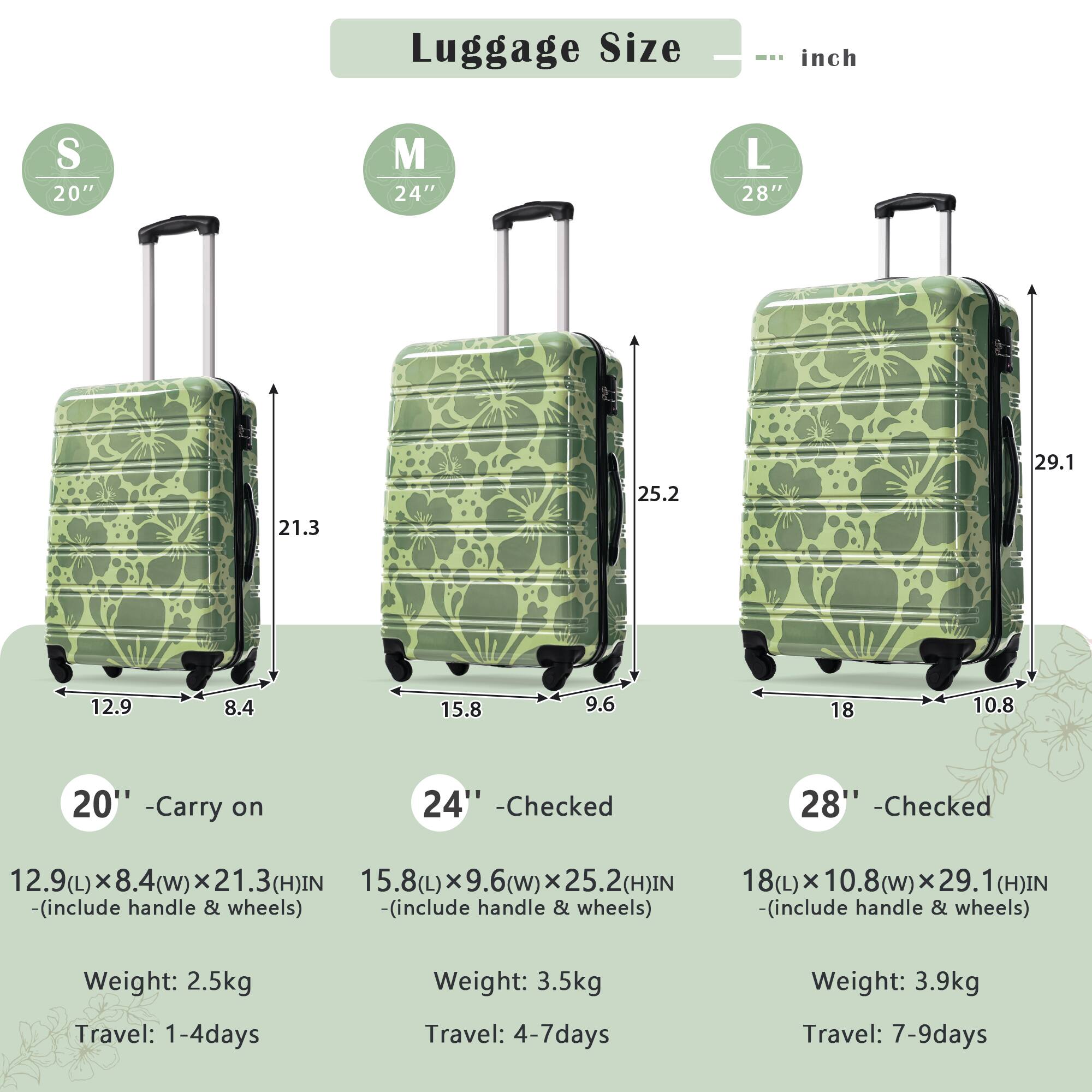 Luggage Size  
--- inch  

S 20"  
M 24"  
L 28"  

20" - Carry on  
12.9(L) x 8.4(w) x 21.3(H) IN  
(include handle & wheels)  
Weight: 2.5kg  
Travel: 1-4 days  

24" - Checked  
15.8(L) x 9.6(w) x 25.2(H) IN  
(include handle & wheels)  
Weight: 3.5kg  
Travel: 4-7 days  

28" - Checked  
18(L) x 10.8(w) x 29.1(H) IN  
(include handle & wheels)  
Weight: 3.9kg  
Travel: 7-9 days