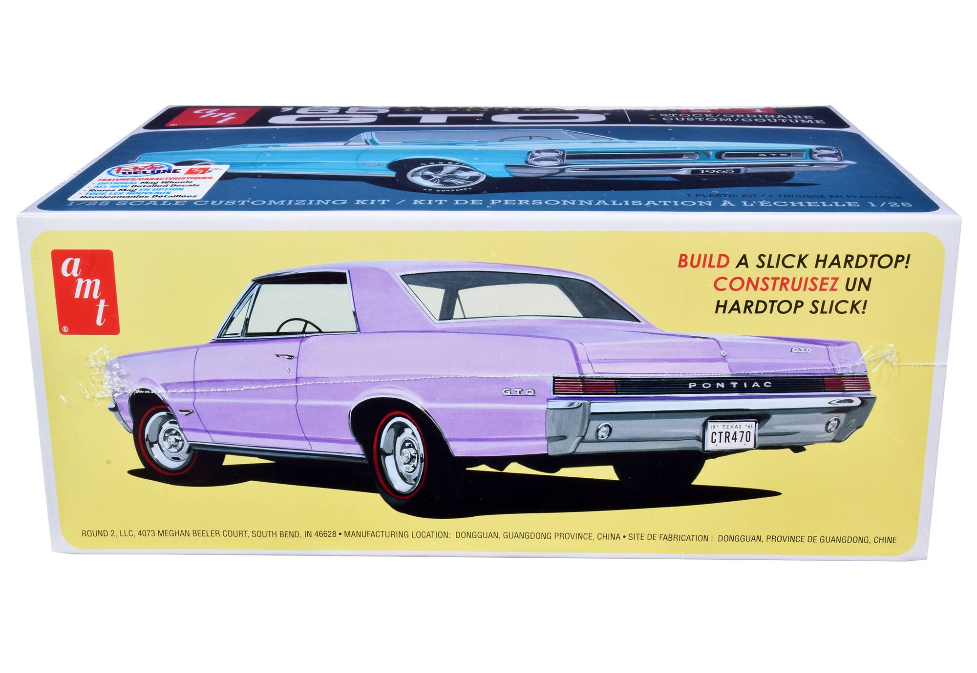 Sure, here is the corrected and grouped text from the image:

---

**Front of the Box:**

- **Top Left Corner:**
  - "amt"

- **Top Right Corner:**
  - "BUILD A SLICK HARDTOP! CONSTRUISEZ UN HARDTOP SLICK!"

- **Main Image:**
  - Illustration of a purple Pontiac GTO with a Texas license plate "CTR470"

- **Bottom of the Box:**
  - "ROUND 2, LLC, 4073 MEGHAN BEELER COURT, SOUTH BEND, IN 46628"
  - "MANUFACTURING LOCATION: DONGGUAN, GUANGDONG PROVINCE, CHINA"
  - "SITE DE FABRICATION: DONGGUAN, PROVINCE DE GUANGDONG, CHINE"

---

**Back of the Box:**

- **Top Section:**
  - "1/28 SCALE CUSTOMIZING KIT / KIT DE PERSONNALISATION À L'ÉCHELLE 1/28"
  - "1 PLASTIC KIT / 1 TRousse EN PLASTIQUE"

- **Middle Section: