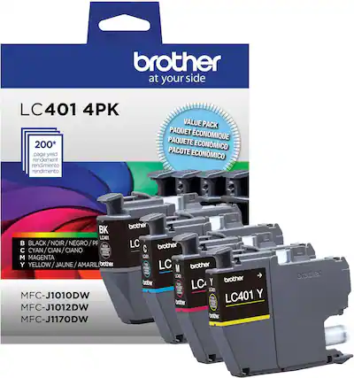 brother
at your side
LC401 4PK
200* page yield
rendement
rendimiento
VALUE PACK
PAQUET ÉCONOMIQUE
PAQUETE ECONÓMICO
COTE ECONÓMICO
BK
BLACK / NOIR / NEGRO / PF
C
CYAN / CIAN / CIANO
M
MAGENTA
Y
YELLOW / JAUNE / AMARILLO
MFC-J1010DW
MFC-J1012DW
MFC-J1170DW
LC401 Y