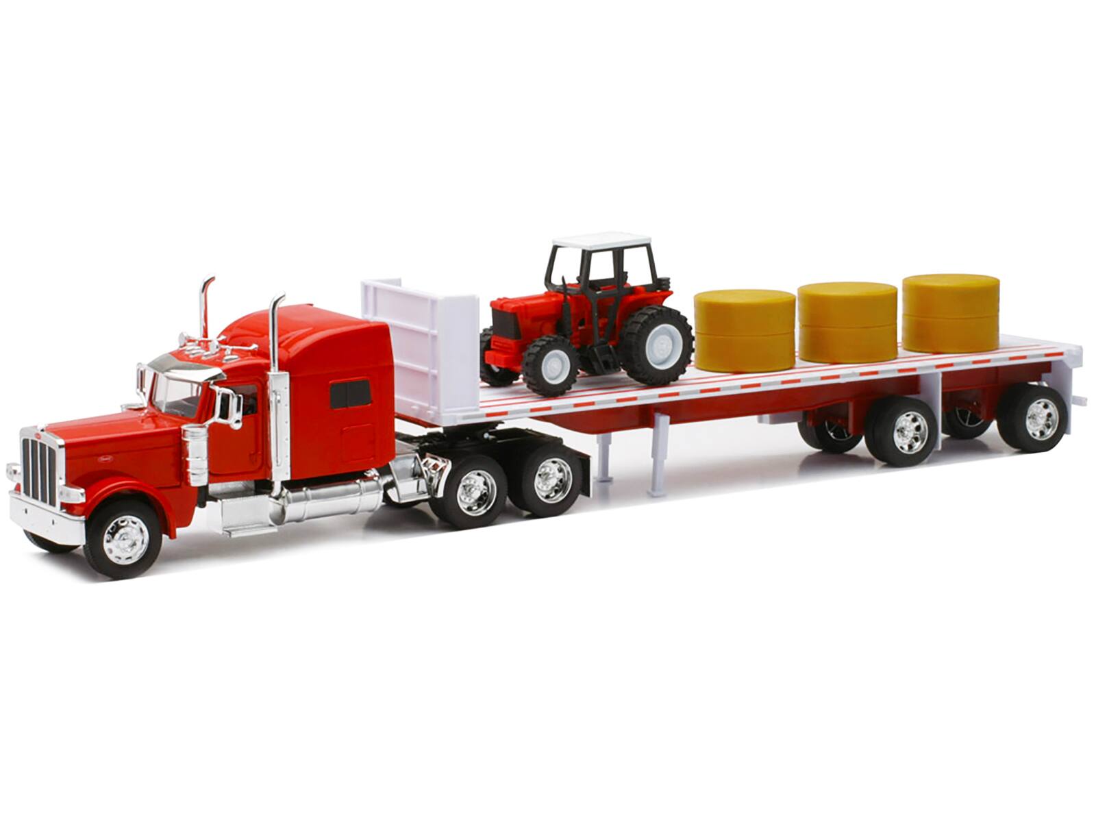 Angle. New Ray - Peterbilt 389 Flatbed Truck Red with Farm Tractor Red and Hay Bales "Long Haul Trucker" Series 1/32 - Red.