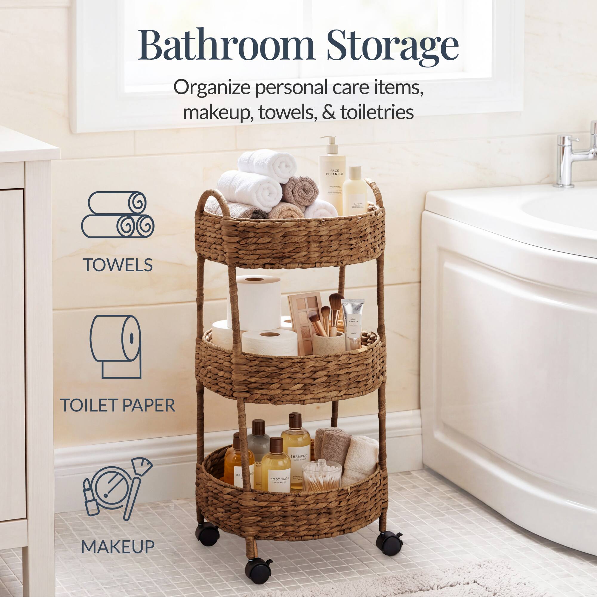 Bathroom Storage  
Organize personal care items, makeup, towels, & toiletries

- TOWELS
- TOILET PAPER
- MAKEUP