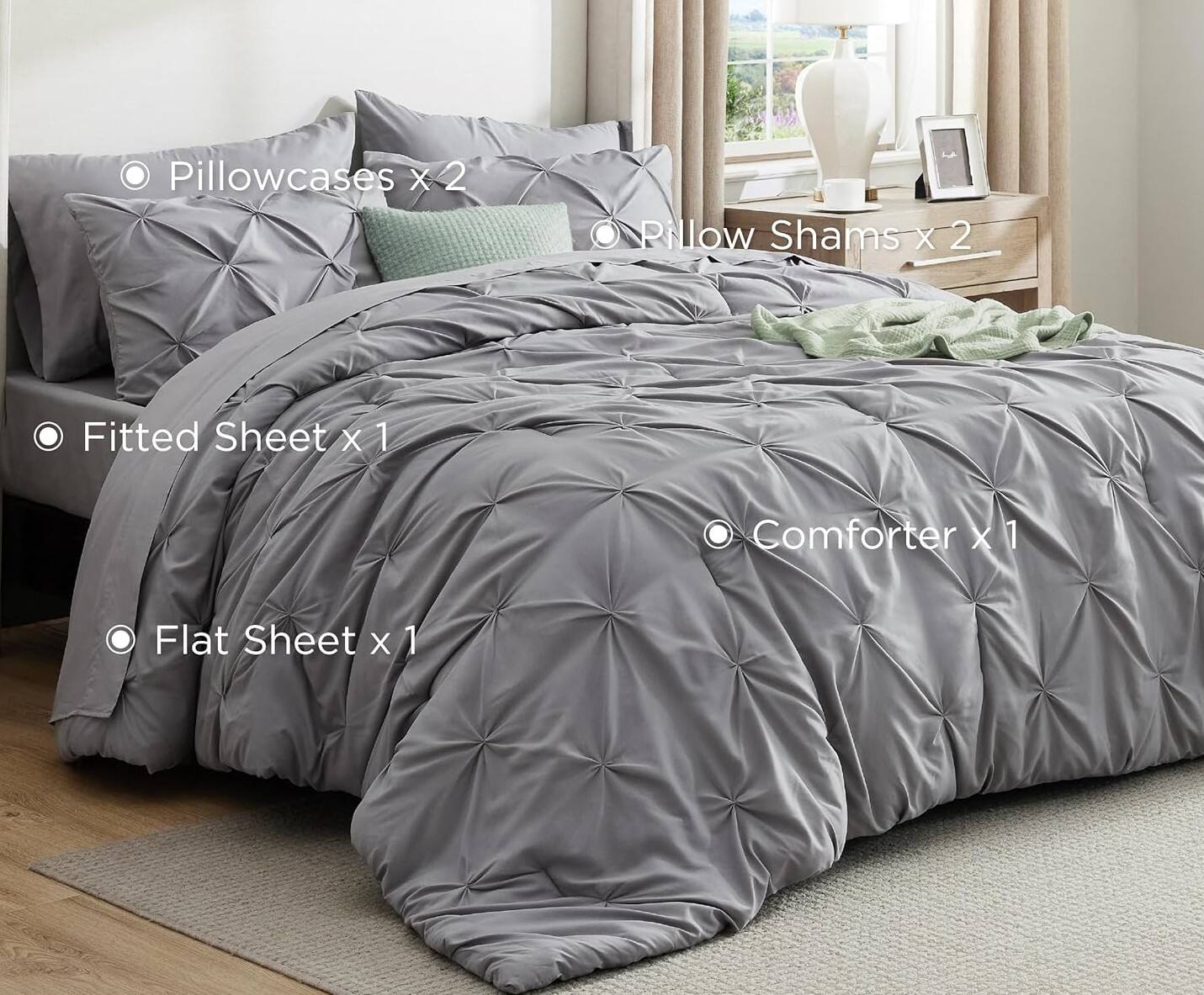 - Pillowcases x 2
- Pillow Shams x 2
- Fitted Sheet x 1
- Comforter x 1
- Flat Sheet x 1