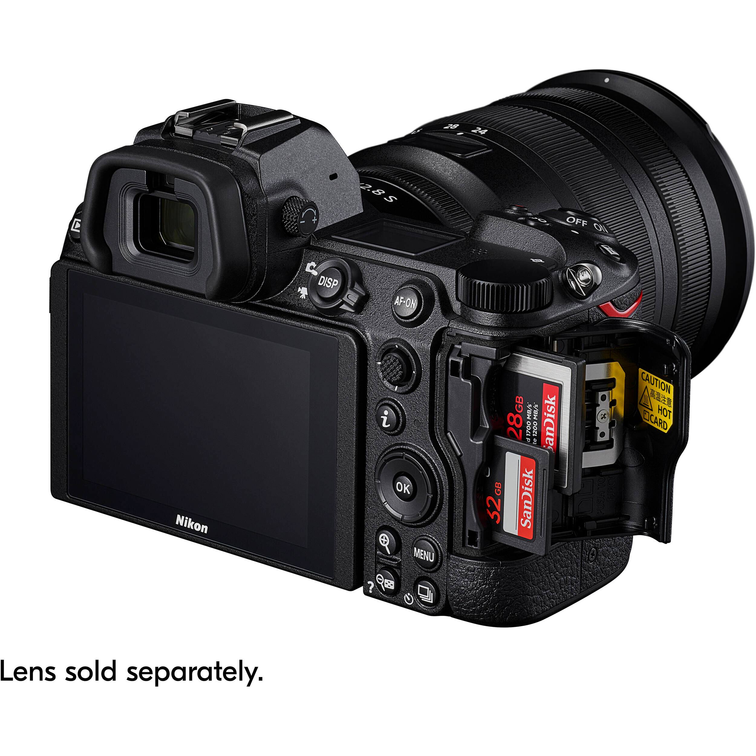 N 24 E C 2.8S S OFF 4O DISP AF-ON - Nikon i OK MENU ? es 2 GB MES MAS 28 . Me un 2 amisk GB 32 SanDisk CAUTION TOH OCARD Lens sold separately.