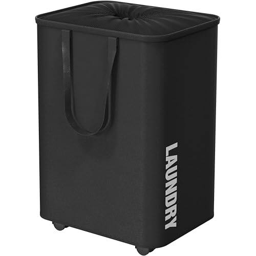 Front. ESBANY - Simple Houseware Large 82L Laundry Basket with Wheels, Collapsible Waterproof Hamper with Handles and Mesh Cover, Black - ‎Black.
