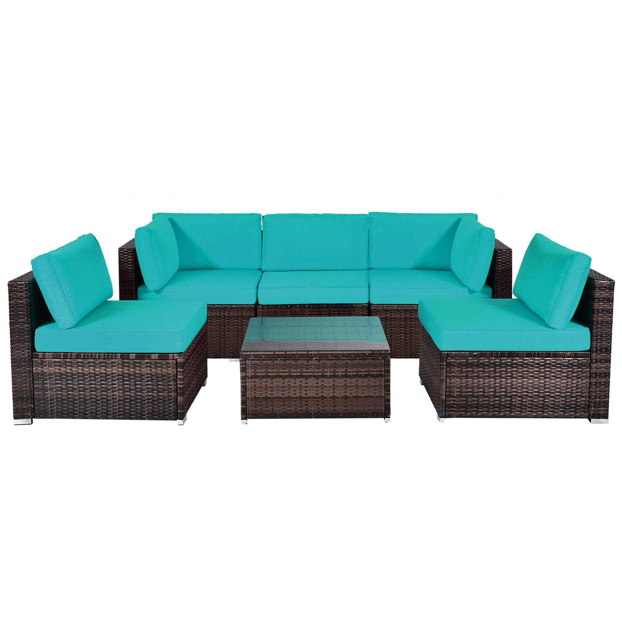 Alt View 1. Gymax - Gymax 6PCS Rattan Outdoor Sectional Sofa Set Patio Furniture Set w/ Turquoise Cushions - Turquoise.