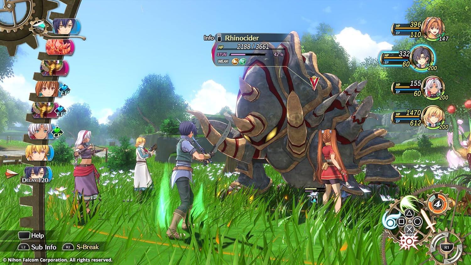 Info Rhinocider HP 2188 / 3661 STUN 42% WEAK HP EP HP 396 EP 110 332 60 147 200 EP HP EP 155 60 200 EP CP HP EP 1470 612 CP 200 DELAY 120 STR 4 L2 Help Sub Info R2 S-Break X Hold R1 Nihon Falcom Corporation. All rights reserved.