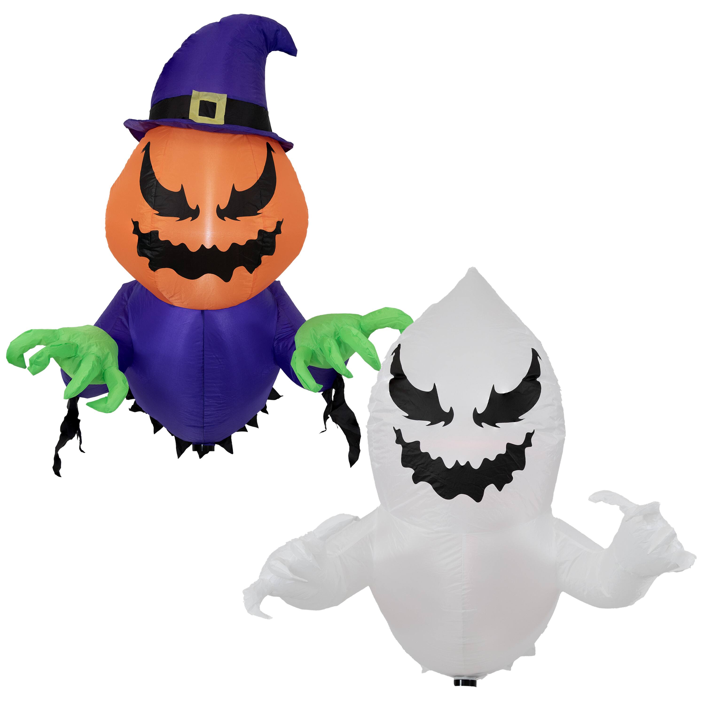Sunnydaze - Pumpkin Jack and Ghost Window Inflatable Halloween Decoration - White