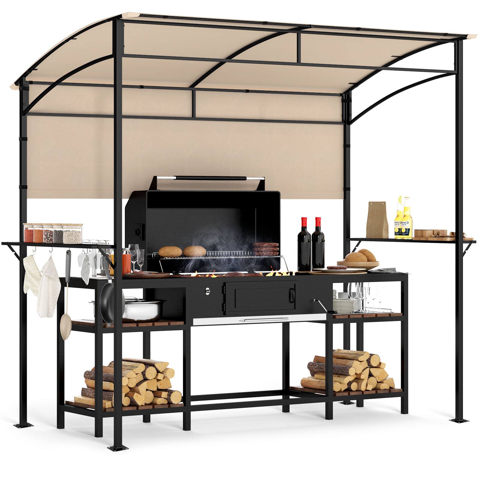 Front. Gymax - Gymax 7.8 x 4.4 FT Grill Gazebo Outdoor Patio BBQ Canopy w/ Metal Shelves for Backyard - Beige.