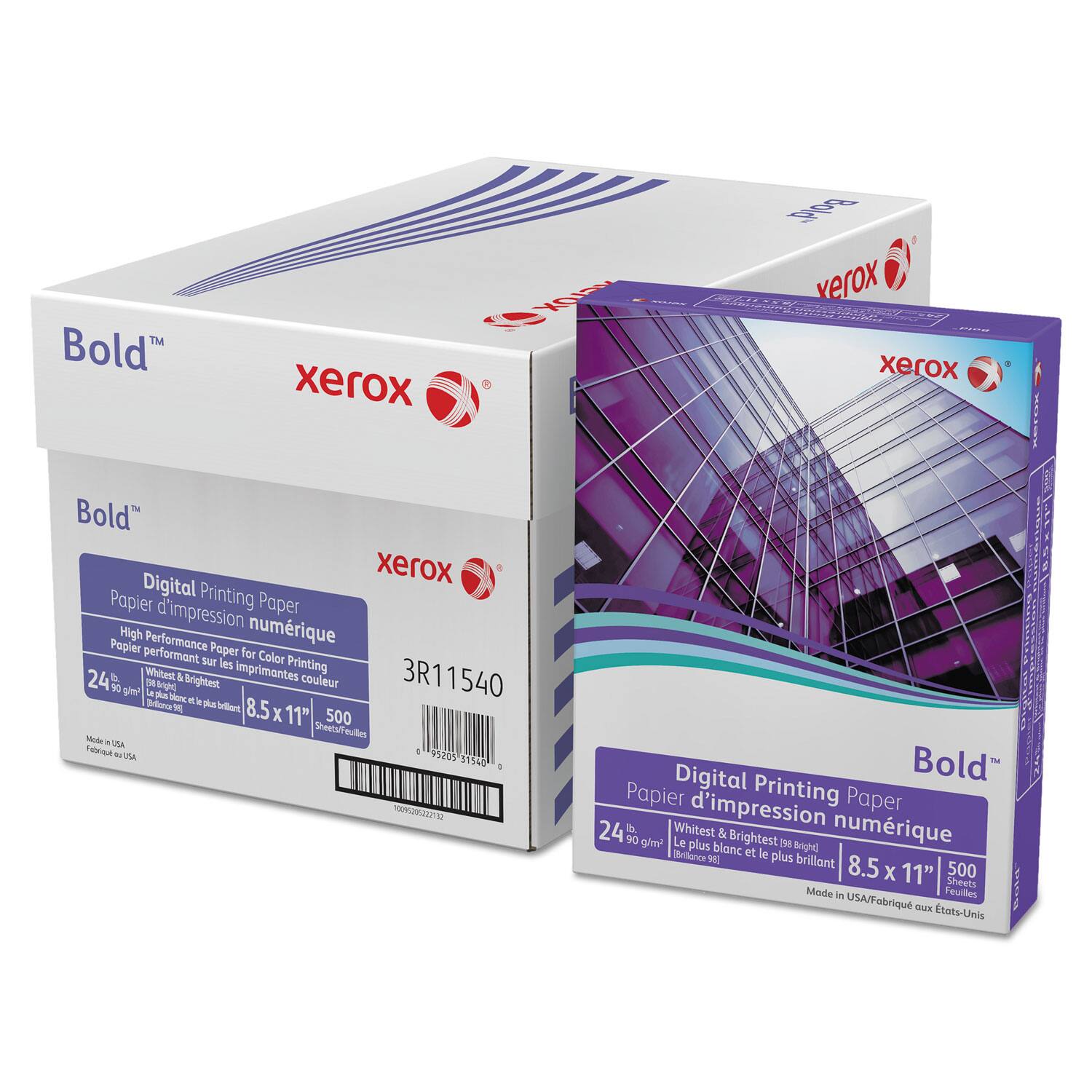 Bold™ xerox  
Digital Printing Paper  
Papier d'impression numérique  
High Performance Paper for Color Printing  
Papier performant pour les imprimantes couleur  
24 lb 30 g/m²  
Whitest & Brightest 188 g/m²  
Le plus blanc et le plus brillant  
8.5 x 11"  
500 Sheets  
Feuilles  
Made in USA/Fabriqué aux États-Unis  
3R11540  

Bold™ xerox  
Digital Printing Paper  
Papier d'impression numérique  
24 lb 30 g/m²  
Whitest & Brightest 188 g/m²  
Le plus blanc et le plus brillant  
8.5 x 11"  
500 Sheets  
Feuilles  
Made in USA/Fabriqué aux États-Unis