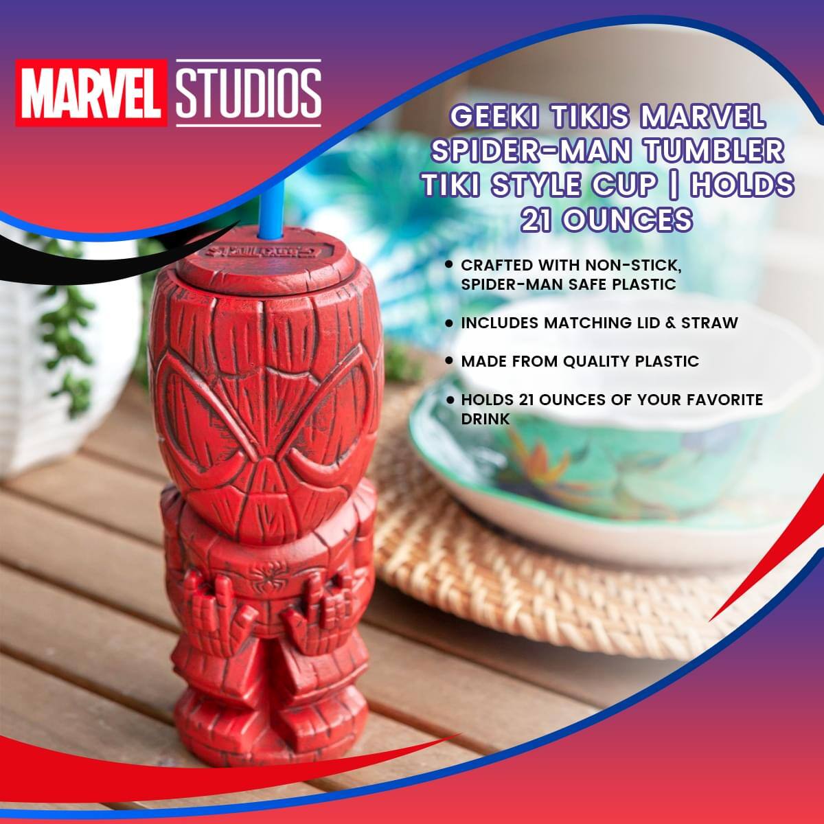 MARVEL STUDIOS

GEEKI TIKIS MARVEL SPIDER-MAN TUMBLER TIKI STYLE CUP | HOLDS 21 OUNCES

- CRAFTED WITH NON-STICK, SPIDER-MAN SAFE PLASTIC
- INCLUDES MATCHING LID & STRAW
- MADE FROM QUALITY PLASTIC
- HOLDS 21 OUNCES OF YOUR FAVORITE DRINK