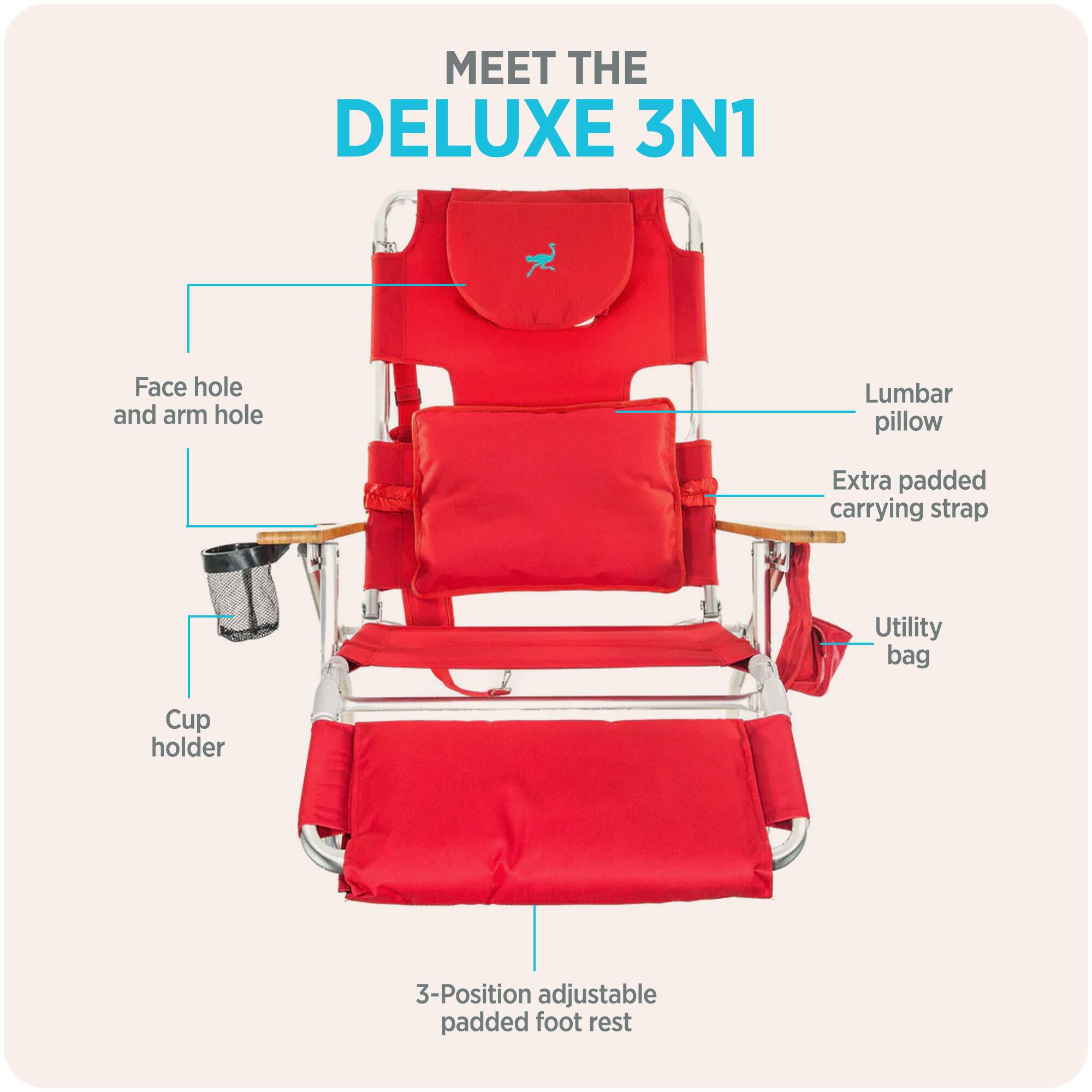 MEET THE DELUXE 3N1

- Face hole and arm hole
- Lumbar pillow
- Extra padded carrying strap
- Utility bag
- Cup holder
- 3-Position adjustable padded foot rest