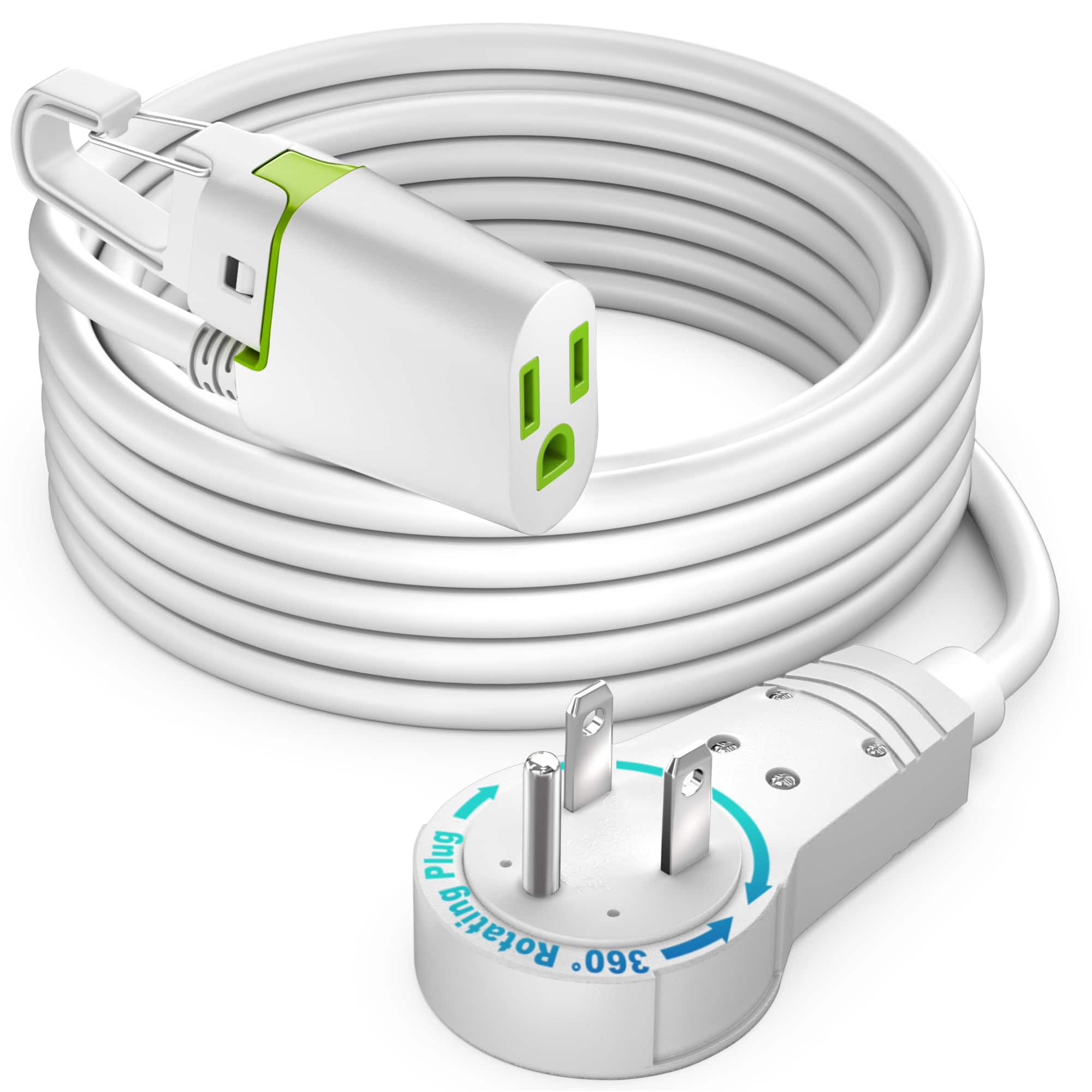 Maximm - 360° Rotating Flat Plug Extension Cord 10 ft, with Removable Hook, 16AWG Indoor Use, UL Certified - White