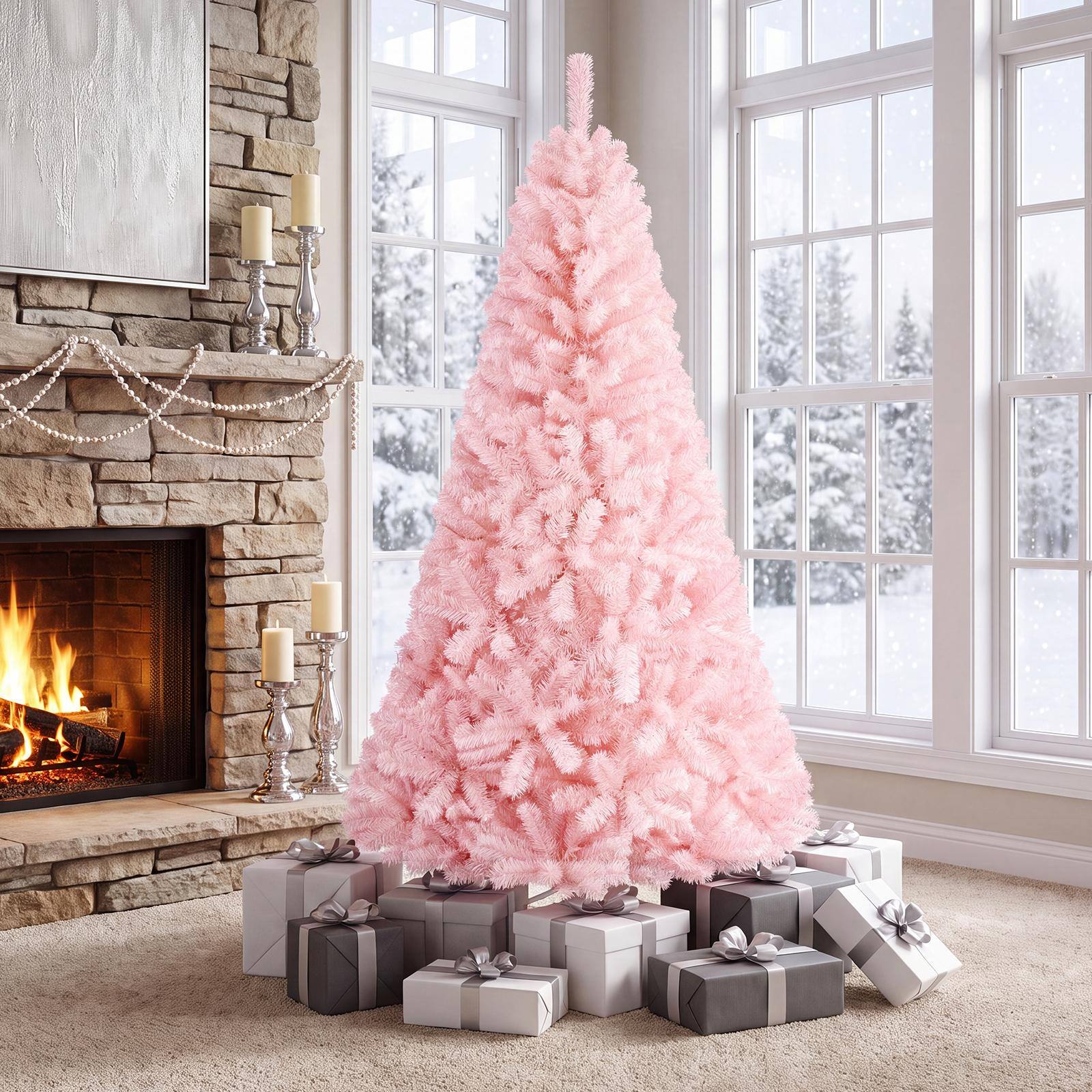 Alt View 3. Costway - 6 FT Hinged Christmas Tree with Folding Metal Stand - Pink.