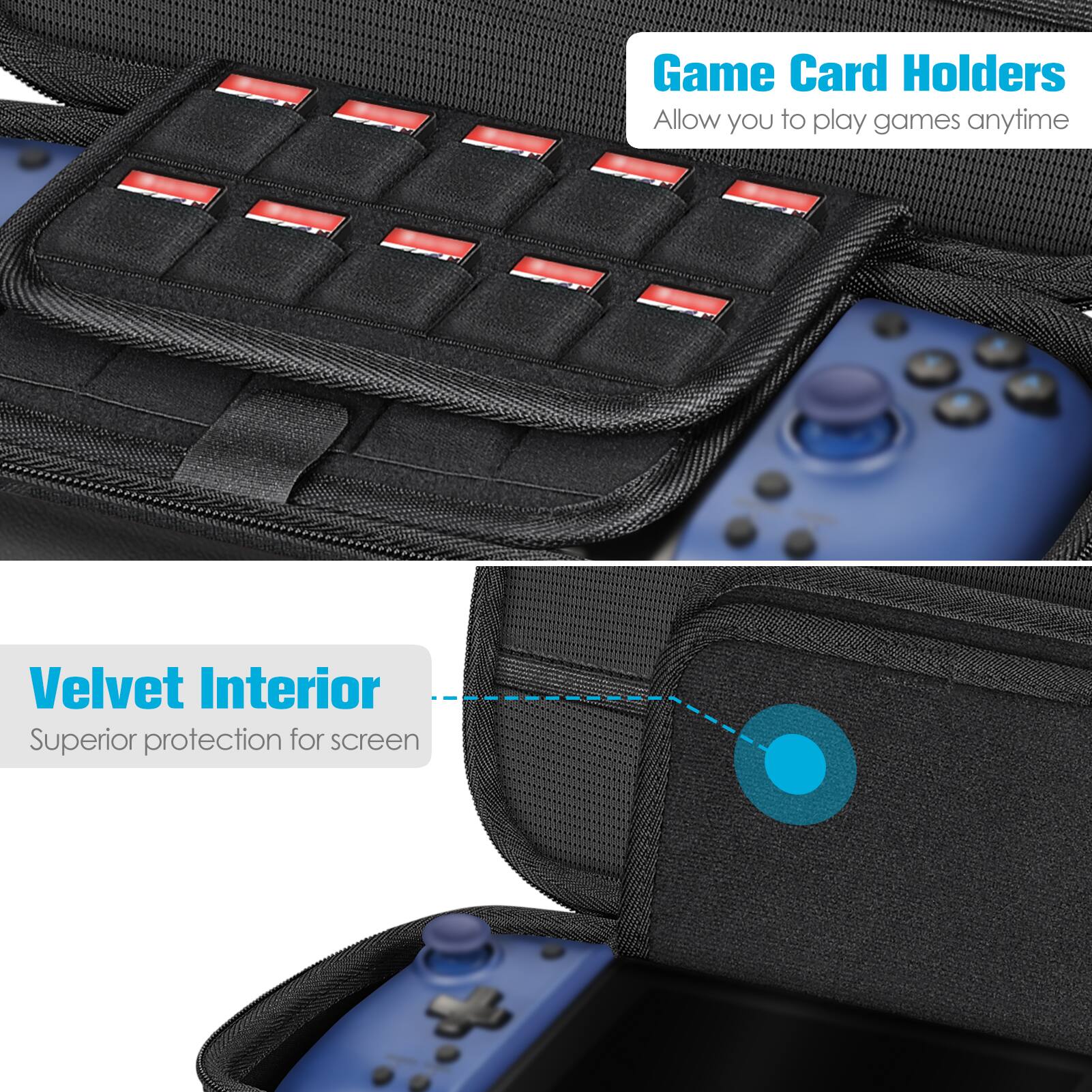Game Card Holders  
Allow you to play games anytime

Velvet Interior  
Superior protection for screen