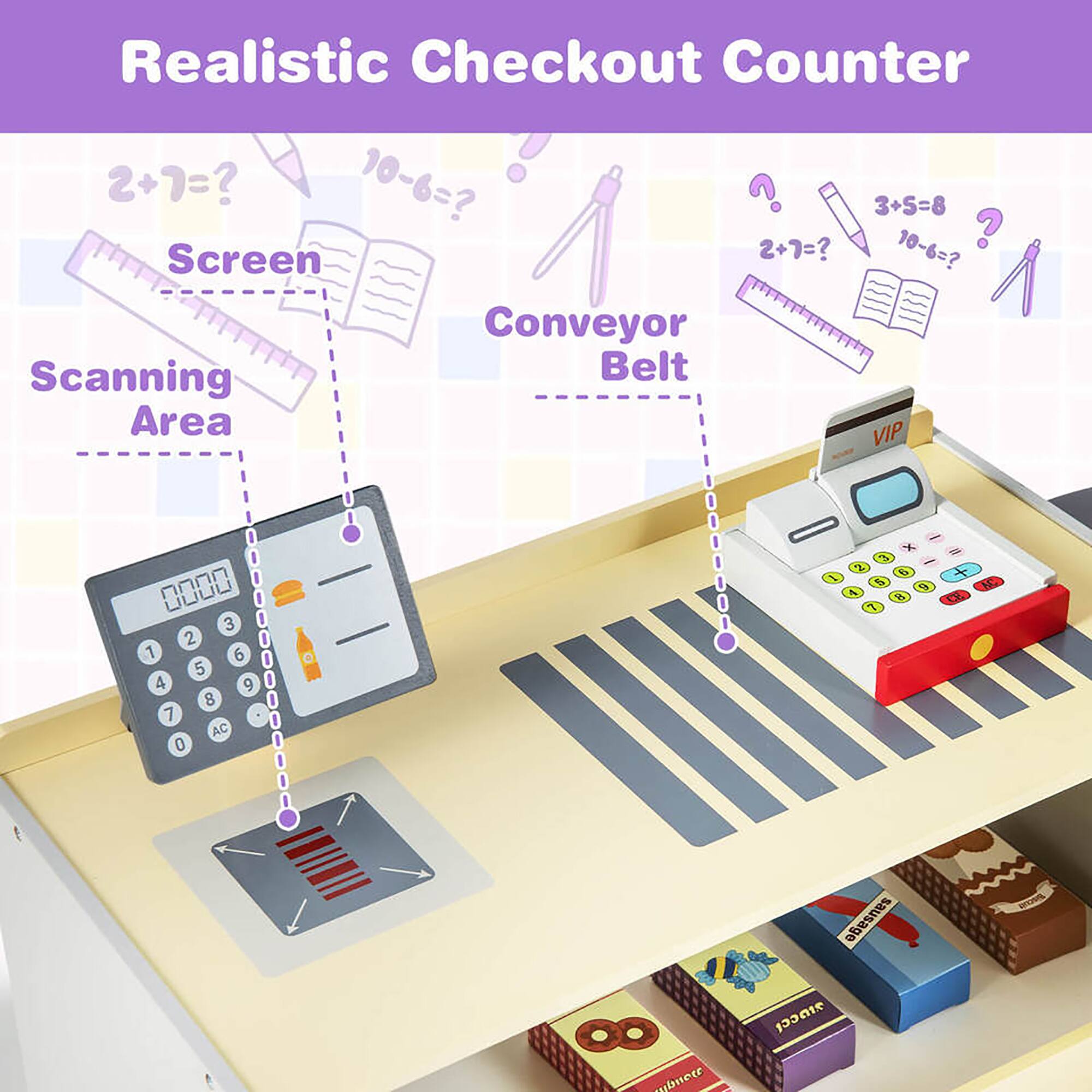 Realistic Checkout Counter

Screen  
Scanning Area  
Conveyor Belt  

2+7=?  
10-6=?  
3+5=8  
10-6=?  

VIP  
0000  
3 2 1 6 5 4 9 8 7 AC 0 - 2 1 % A 1 85 J - +  

Or sausage subnecr