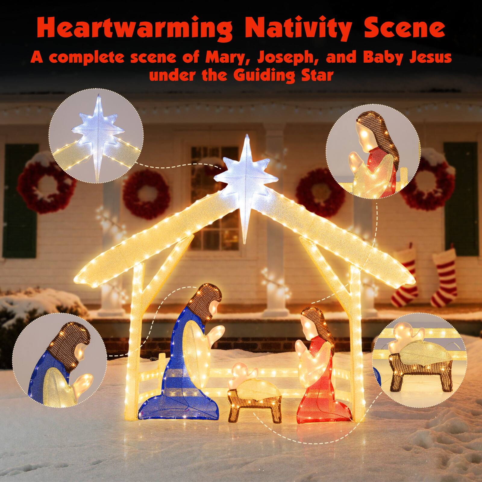 Heartwarming Nativity Scene  
A complete scene of Mary, Joseph, and Baby Jesus under the Guiding Star