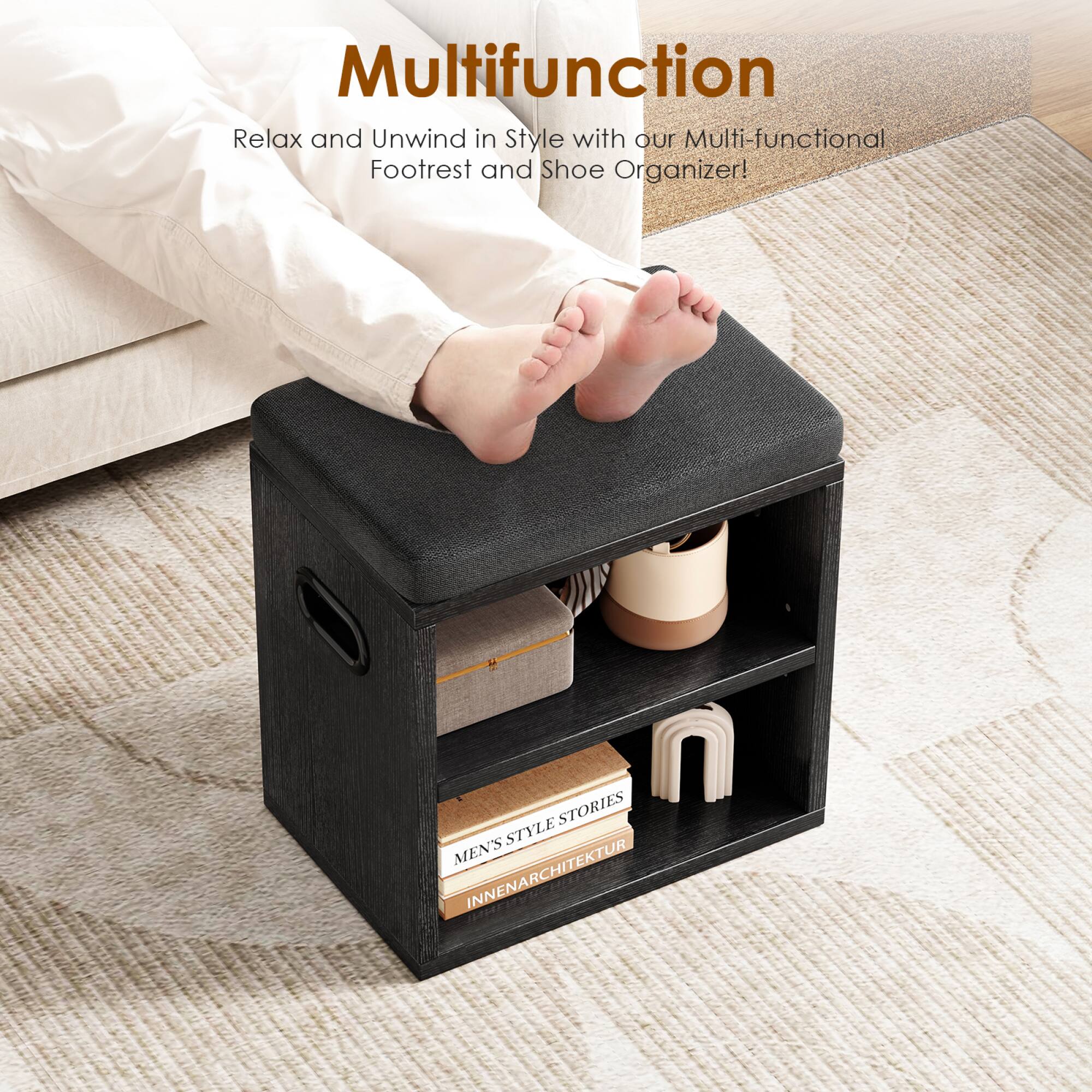 Multifunction  
Relax and Unwind in Style with our Multi-functional Footrest and Shoe Organizer!