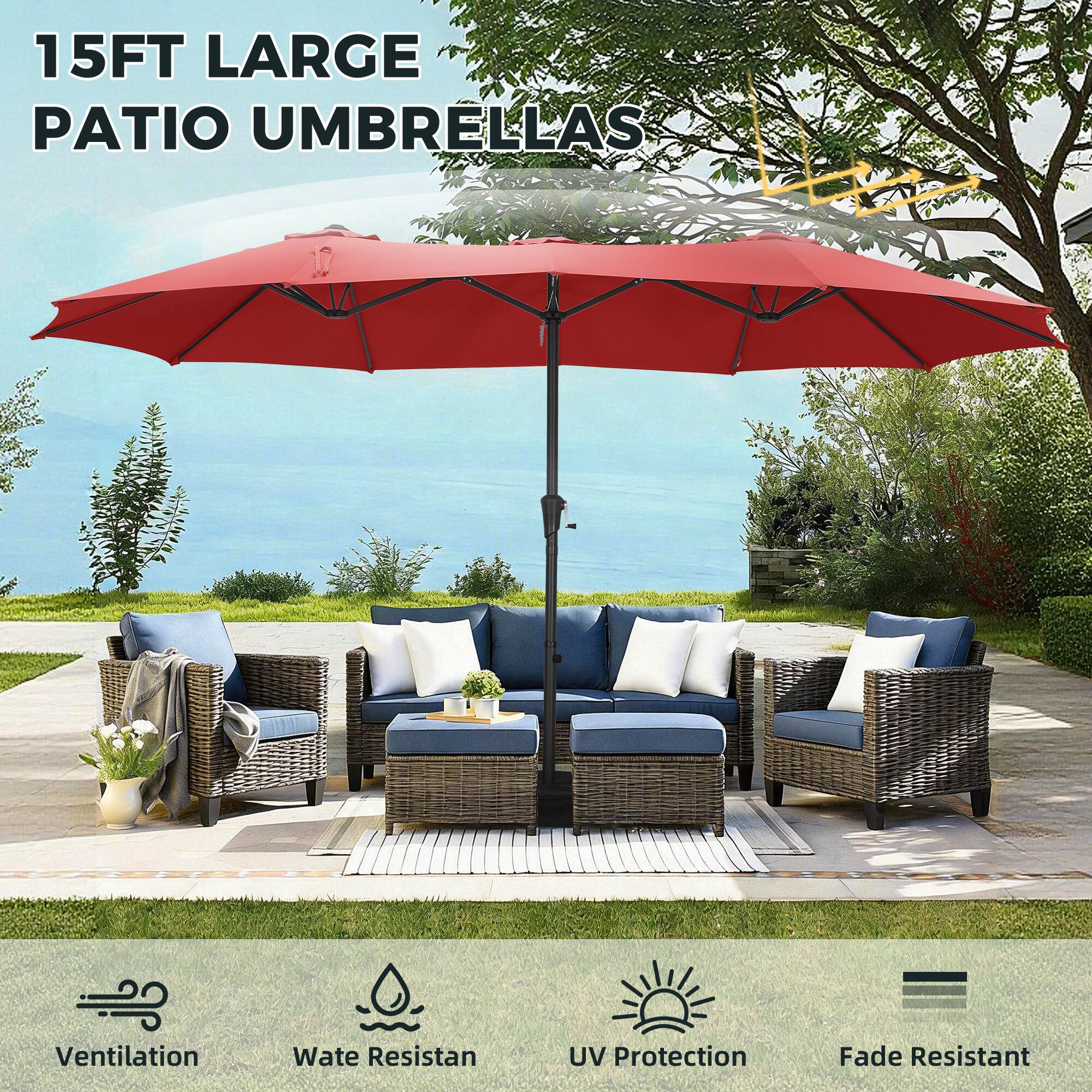 15FT LARGE PATIO UMBRELLAS

- Ventilation
- Water Resistant
- UV Protection
- Fade Resistant