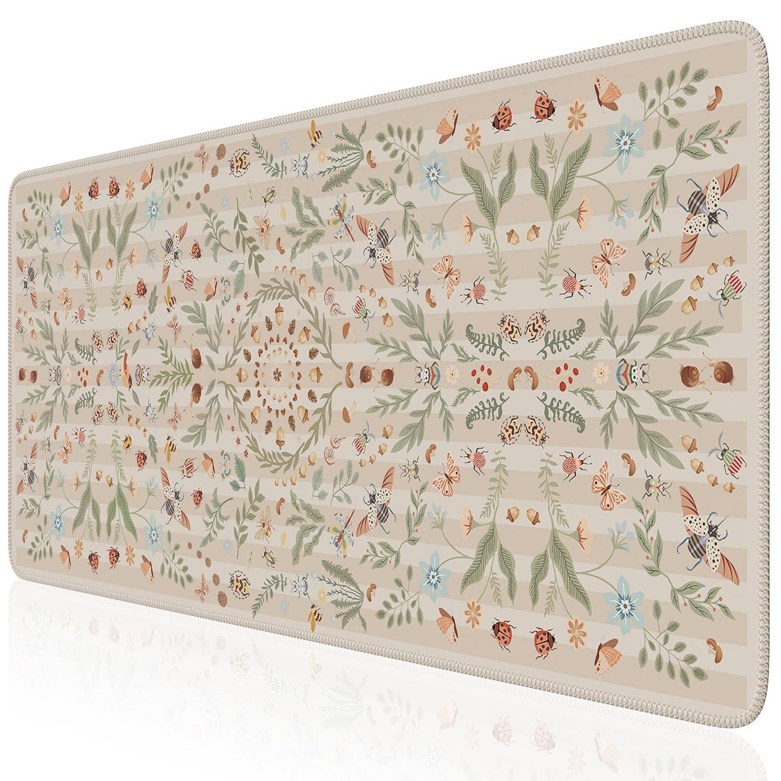 Front. Cozy Serene - Floral Xxl Mouse Pad And With Stitched Edges Extended Mousepad Gaming Moroccan Mats For Desk Office Mat Extended Desk - Beige.