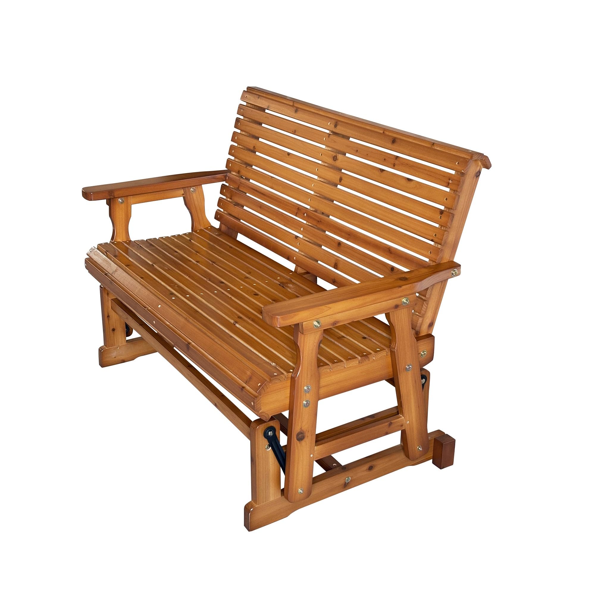 Angle. Fortune Candy - Wooden Patio Glider with High Roll Back and Deep Contoured Seat, Solid Fir Wood, 2-Seater, Heavy Duty 800 LBS, 4 Ft - Teak Tone.