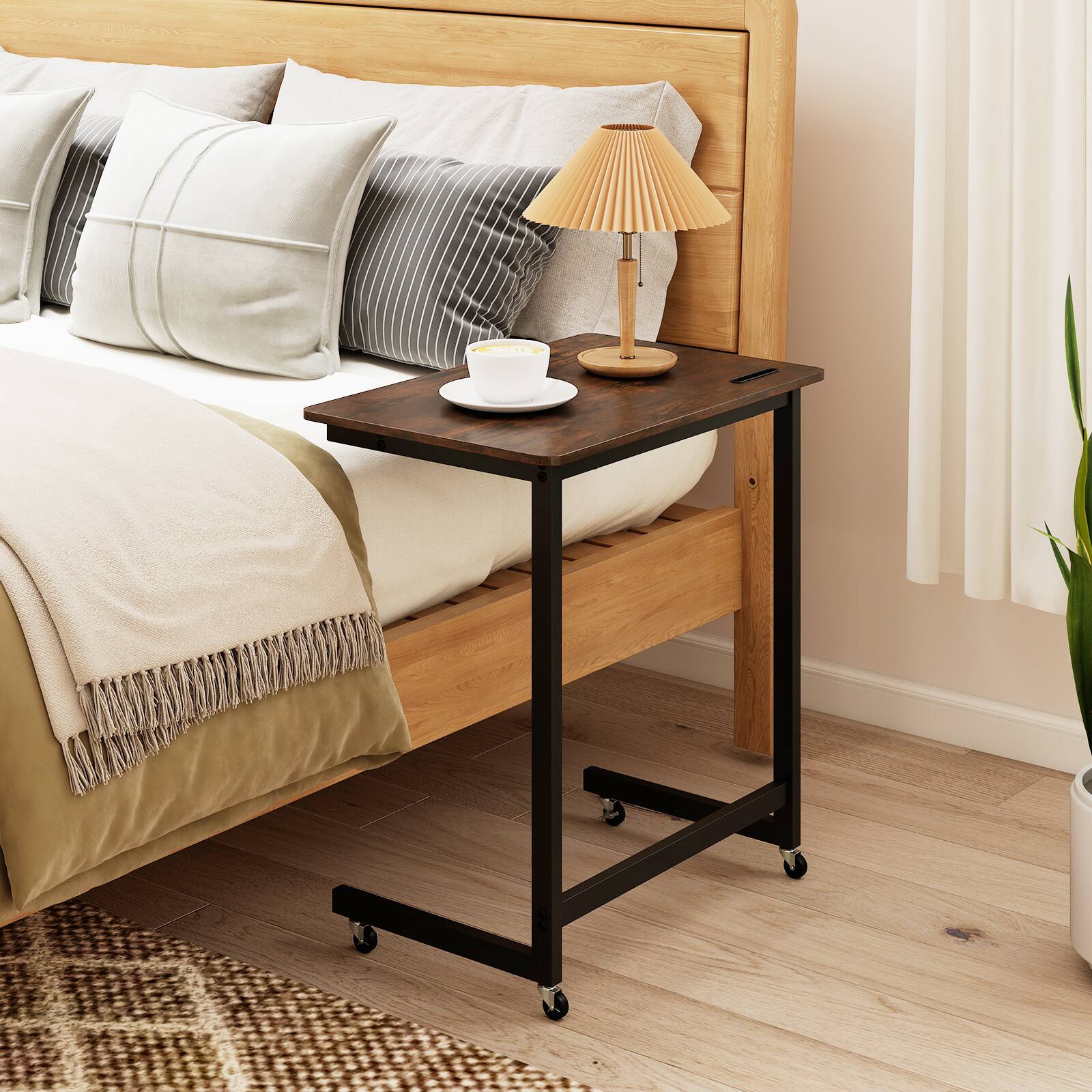 Alt View 3. Gymax - Gymax C-shaped End Table w/Wheels Built-in Phone Slot for Living Room Bedroom Brown - Brown.