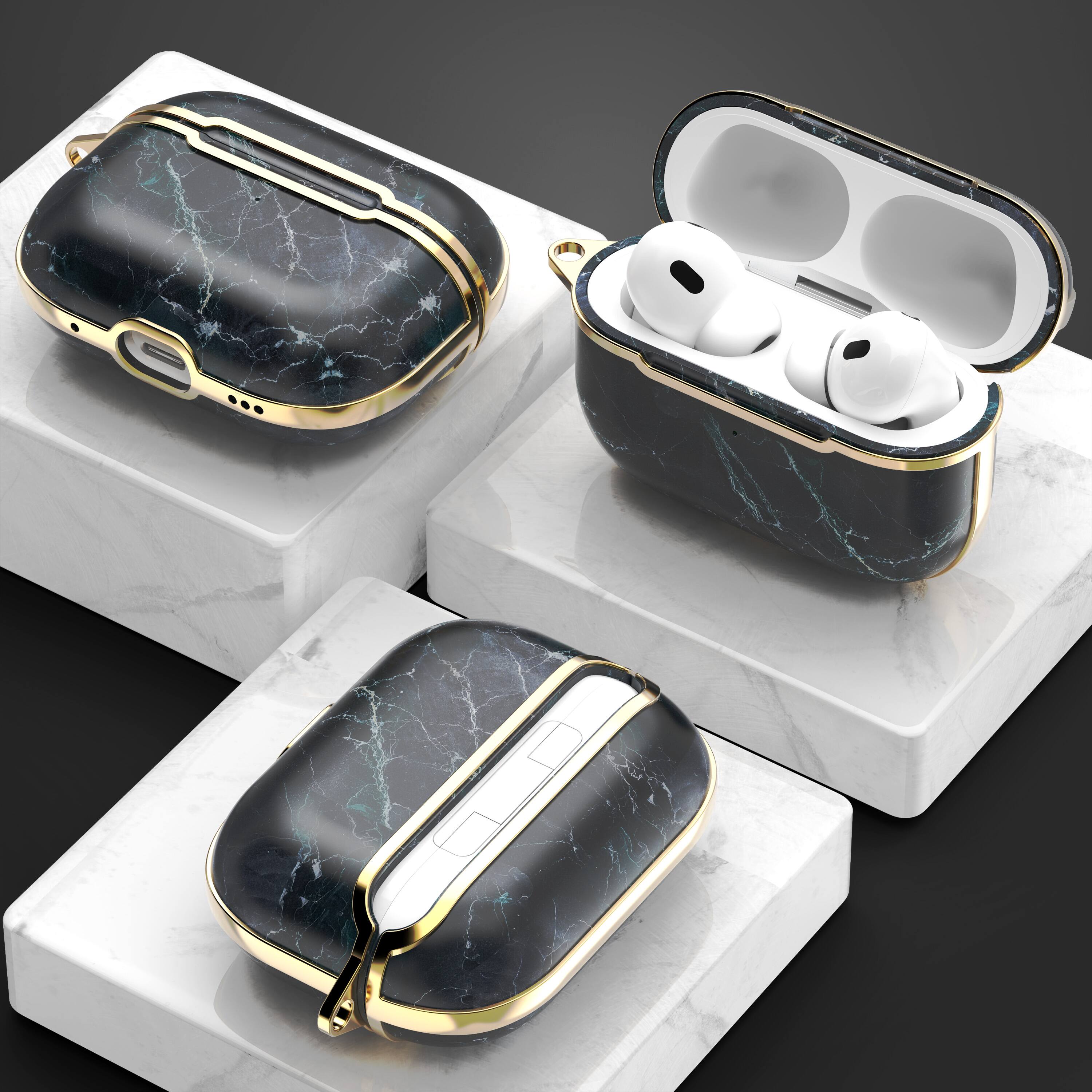 Back. Vena - Marble Pattern Case for Apple AirPods Pro 2 Case, Protective Cover For AirPods Pro 2nd Generation, Black / Gold - Multicolored.