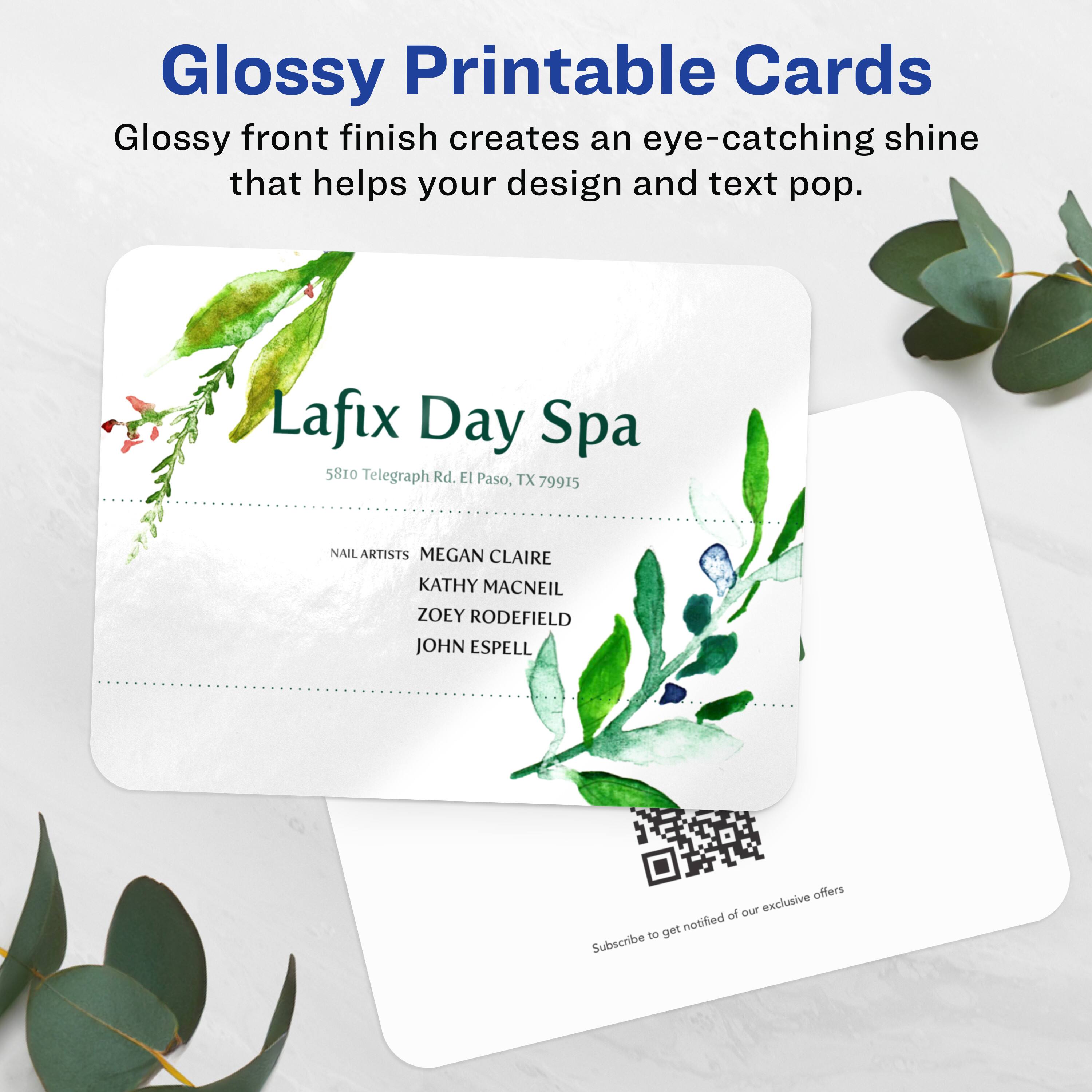 Glossy Printable Cards  
Glossy front finish creates an eye-catching shine that helps your design and text pop.

Lafix Day Spa  
5810 Telegraph Rd. El Paso, TX 79915

NAIL ARTISTS  
MEGAN CLAIRE  
KATHY MACNEIL  
ZOEY RODEFIELD  
JOHN ESPELL

Subscribe to get notified of our exclusive offers