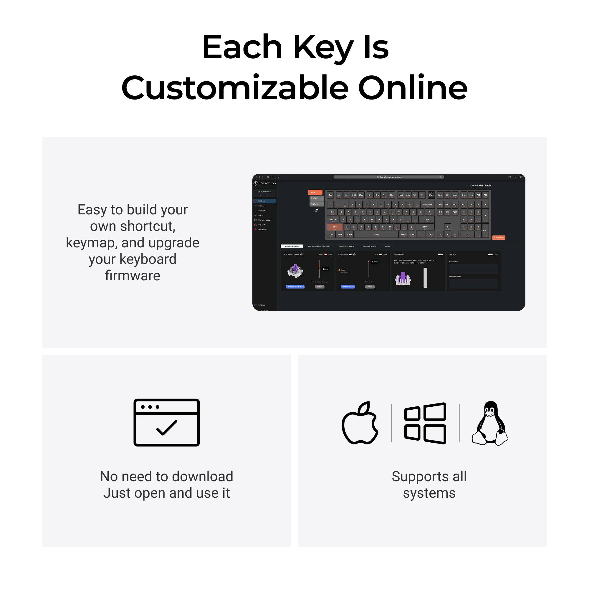 Each Key Is Customizable Online

Easy to build your own shortcut, keymap, and upgrade your keyboard firmware

No need to download. Just open and use it

Supports all systems
