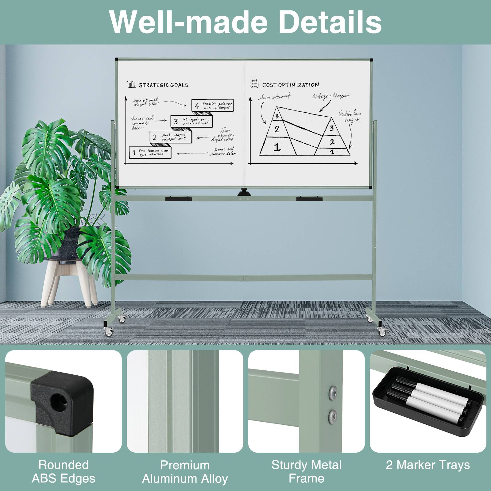 Well-made Details

STRATEGIC GOALS

COST OPTIMIZATION

Rounded ABS Edges

Premium Aluminum Alloy

Sturdy Metal Frame

2 Marker Trays