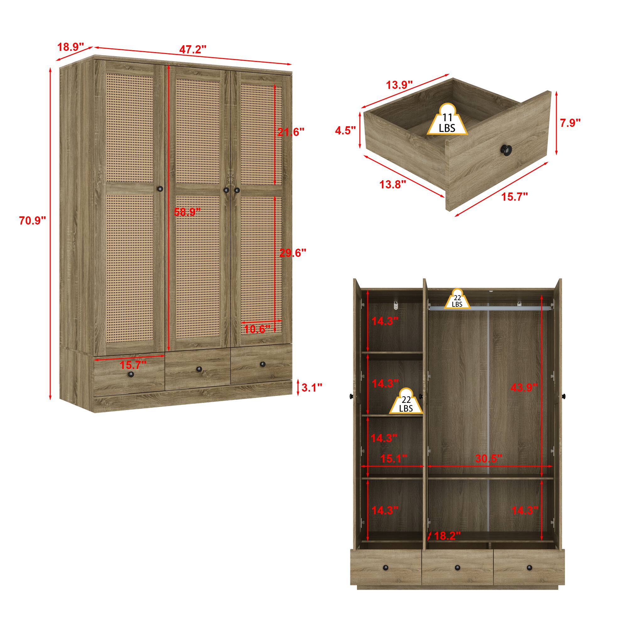 18.9"  
47.2"  
13.9"  
21.6"  
4.5"  
11 LBS  
7.9"  
70.9"  
58.9"  
13.8"  
15.7"  
29.6"  
22 LBS  
10.6"  
14.3"  
15.7"  
3.1"  
14.3"  
22 LBS  
43.9"  
14.3"  
15.1"  
30.5"  
14.3"  
14.3"  
18.2"