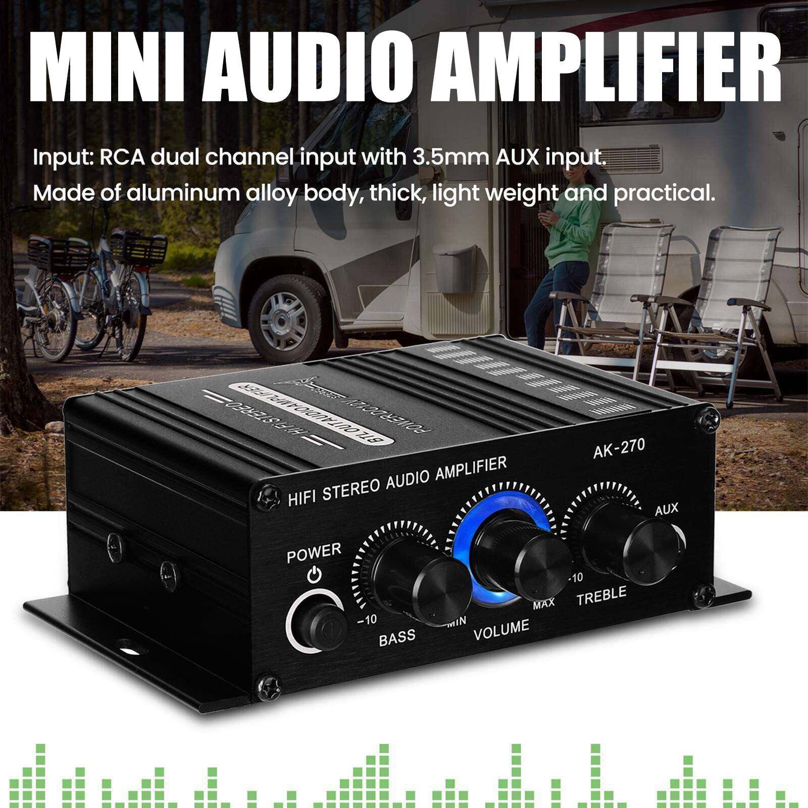 MINI AUDIO AMPLIFIER

Input: RCA dual channel input with 3.5mm AUX input.  
Made of aluminum alloy body, thick, light weight and practical.

ATE 97866 OUTA0OR 007 (700206 718 AUDIO AMPLIFIER HIFI STEREO AK-270 AUX POWER 10 BASS 10 MAX TREBLE IN VOLUME