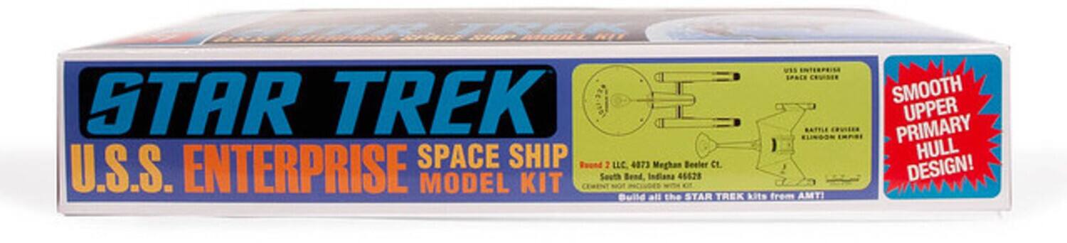 U.S.S. ENTERPRISE SPACE SHIP MODEL KIT  
STAR TREK  
SMOOTH UPPER PRIMARY HULL DESIGN!  
U.S.S. ENTERPRISE PACE CRUISER  
BATTLE CRUISER  
ROUND 2 LLC.  
4873 Meghan Beeler Ct.  
South Bend, Indiana 46628  
Build all the STAR TREK kits from AMTI