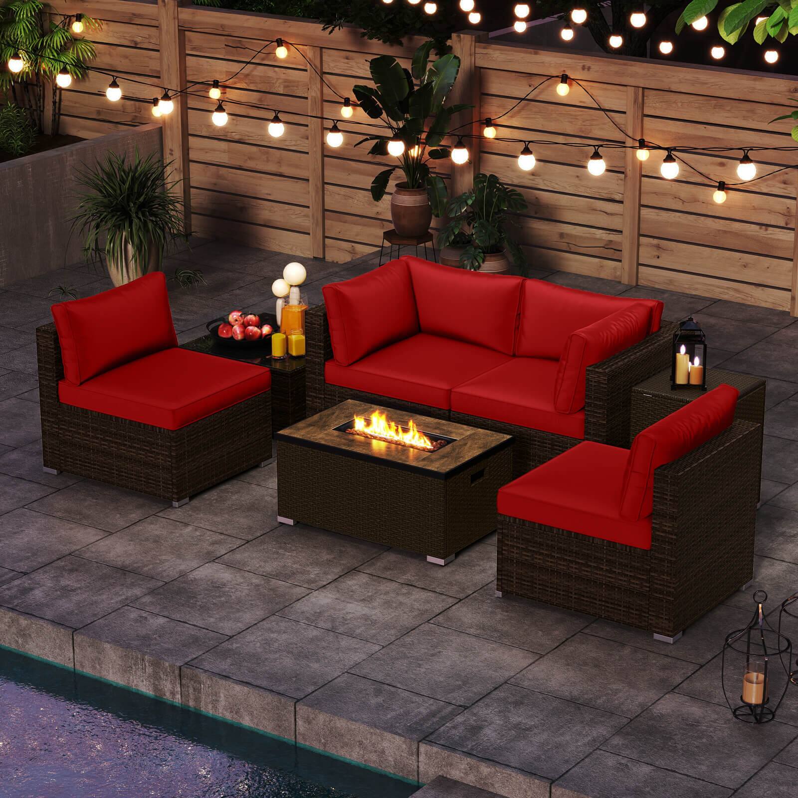 Alt View 4. Costway - Costway 7 Pieces Outdoor Furniture Set with 32" Fire Pit Table and Propane Tank Cover - Red.