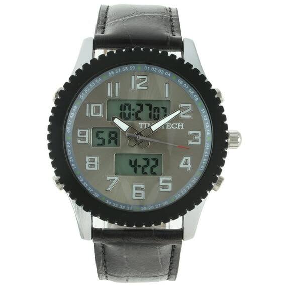 Timetech - Men's Analog/Digital Multi-Function Weekend Sport Watch with Leather Wrist Band - Gray