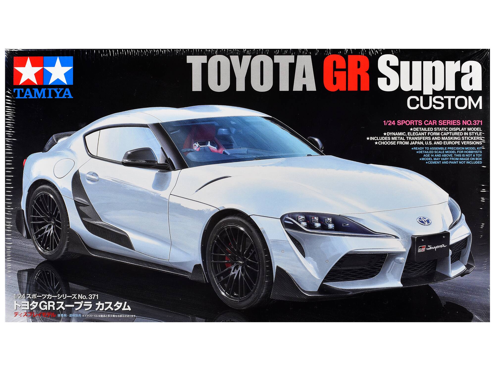 TAMIYA  
TOYOTA GR Supra CUSTOM  
1/24 SPORTS CAR SERIES NO.371  
*DETAILED STATIC DISPLAY MODEL  
*DYNAMIC, ELEGANT FORM CAPTURED IN STYLE  
*INCLUDES METAL TRANSFERS AND MASKING STICKERS  
*CHOOSE FROM JAPAN, U.S. AND EUROPE VERSIONS  
*READY TO ASSEMBLE PRECISION MODEL  
*DETAILED SCALE MODEL FOR HOBBYISTS AGE 14 AND ABOVE.  
THIS 3 NOT TOY MODEL MAY VARY FROM IMAGE ON BOX +CEMENT AND PAINT NOT INCLUDED  

0.50 Supra  
1/24 No.371 GR Supra